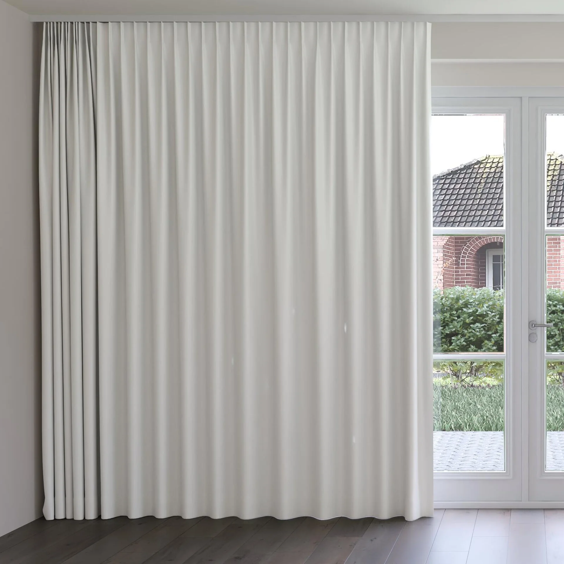Front view of Kidglove Ivory, on curtain rail