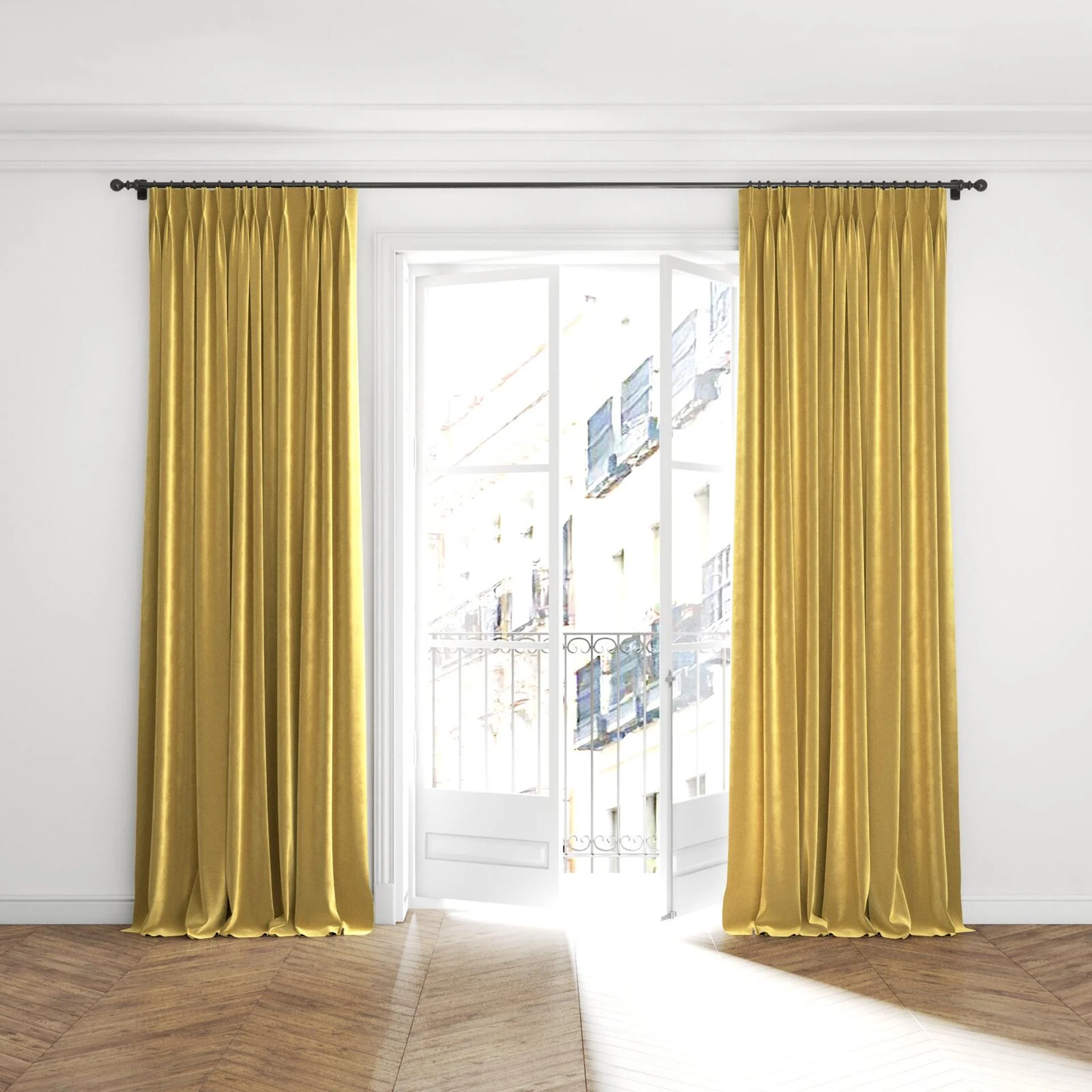 Full view of Velvelux Gold, puddled with pinch pleat, on curtain rod