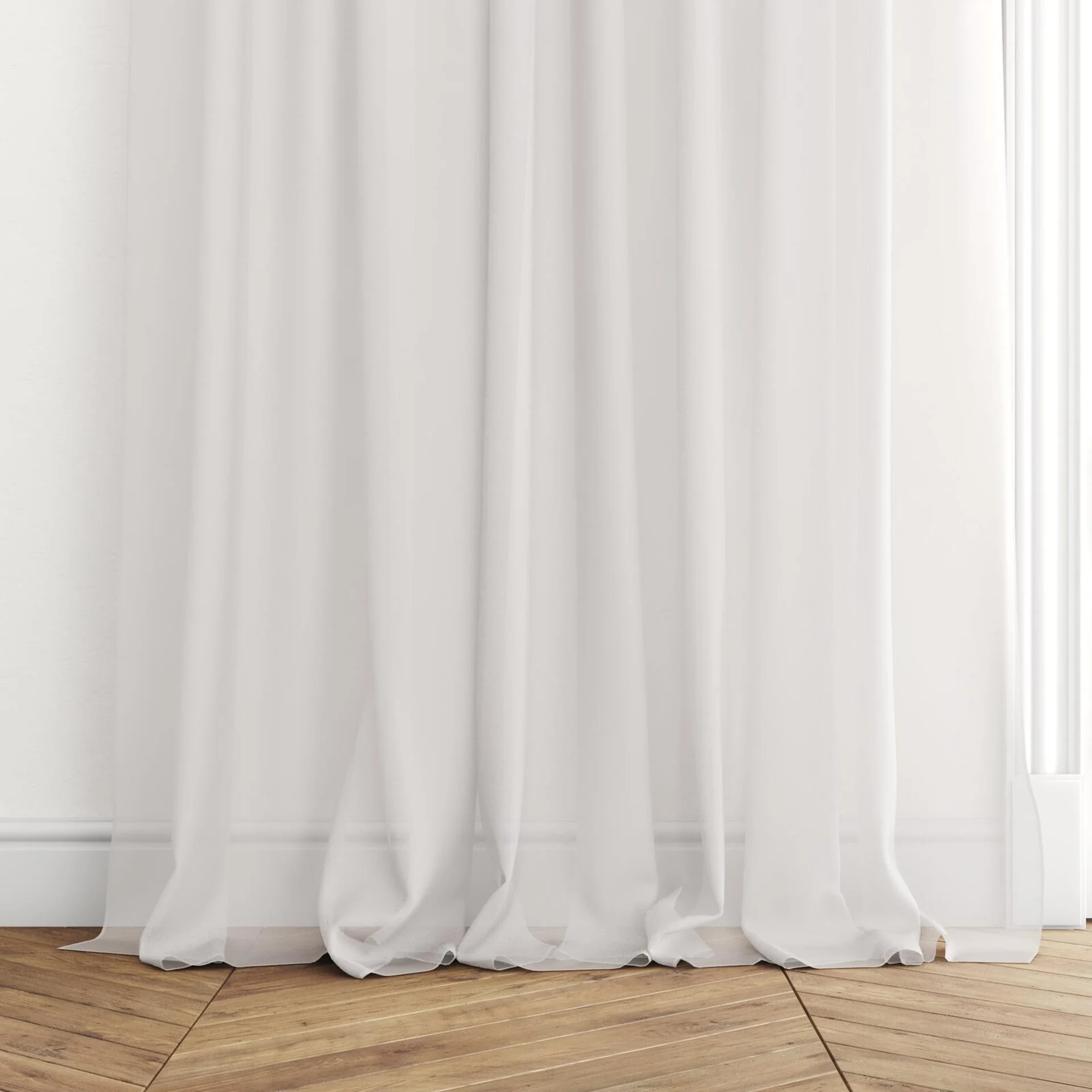 Bottom view of Zine Greige, puddled with pinch pleat, on curtain rod