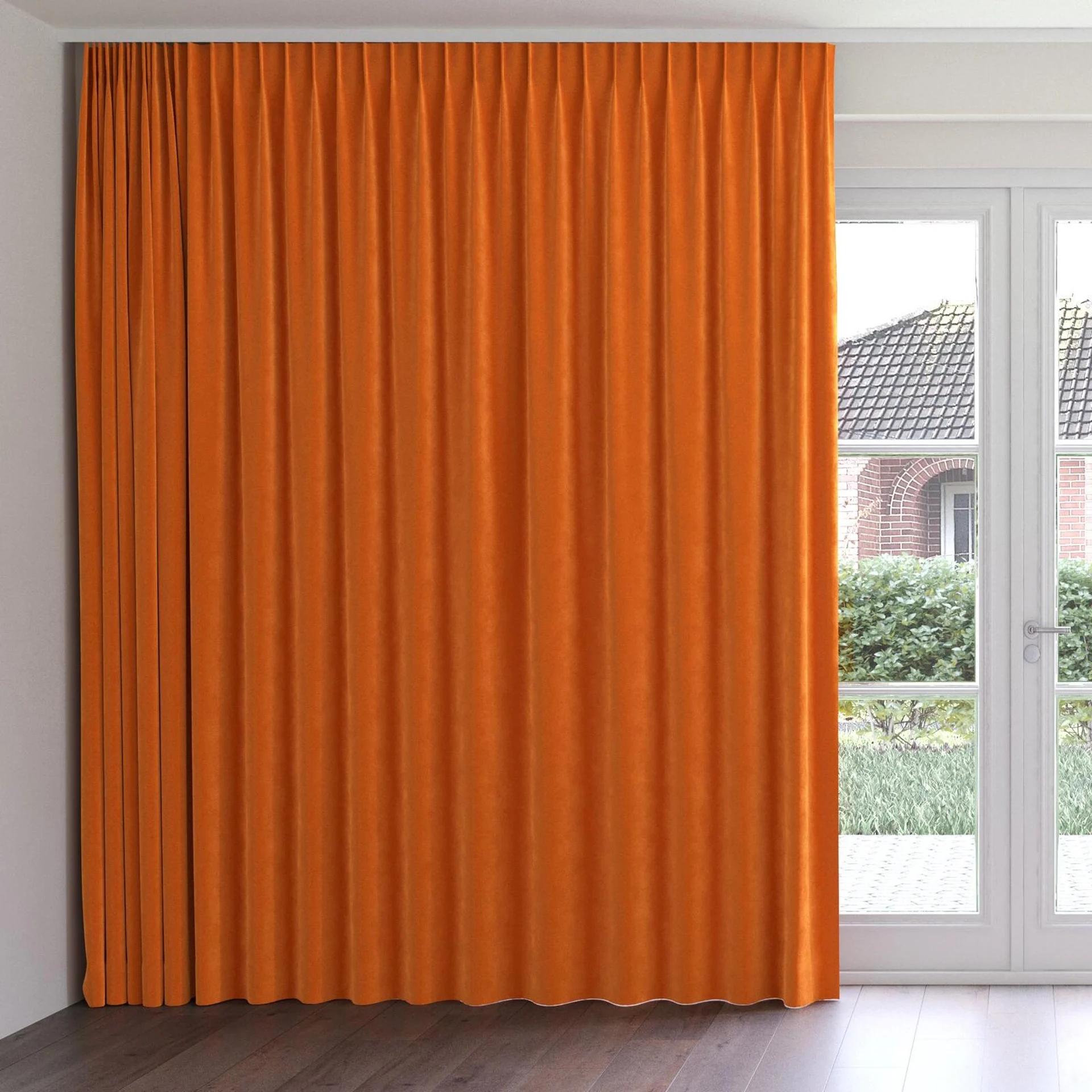 Front view of Lux Velvet Orange 8906, on curtain rail