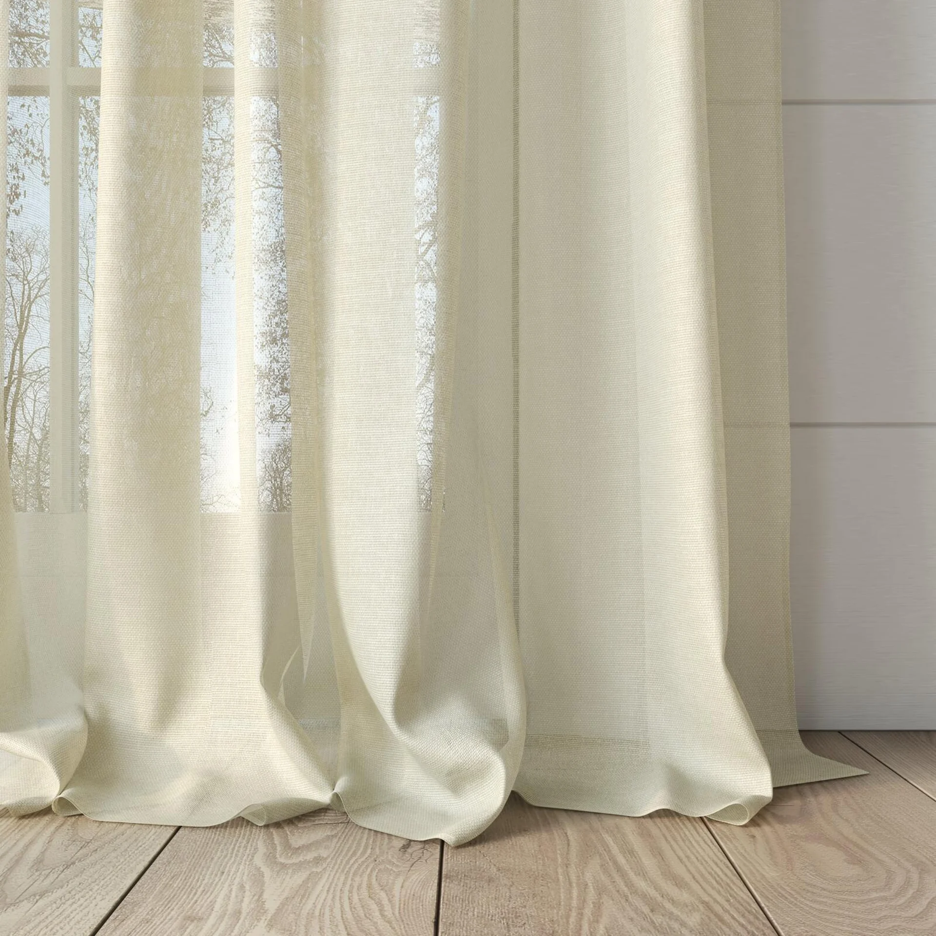 Bottom view of Alcova Sun, puddled, on curtain rod