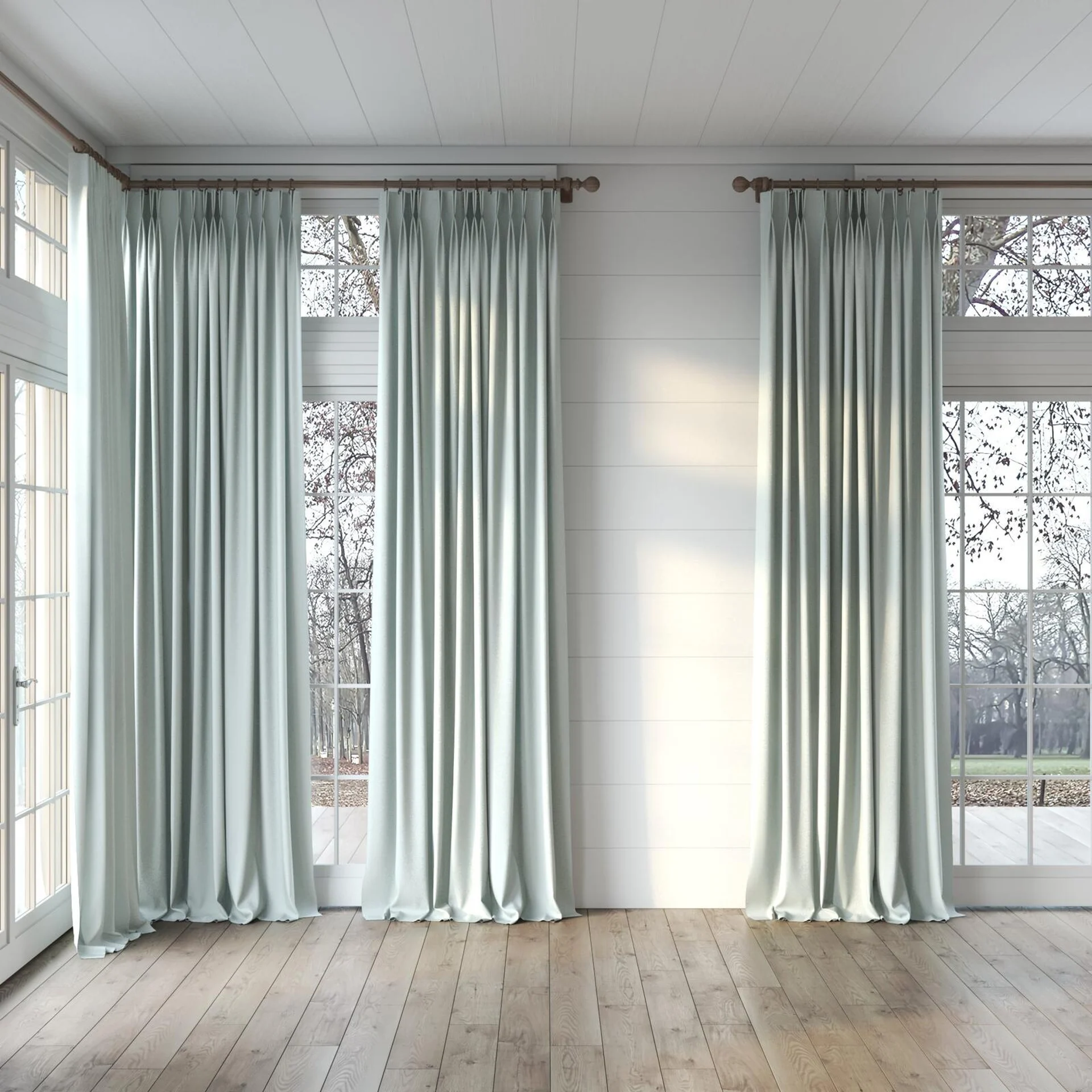 Full view of Quantum FR Seafoam, puddled, on curtain rod