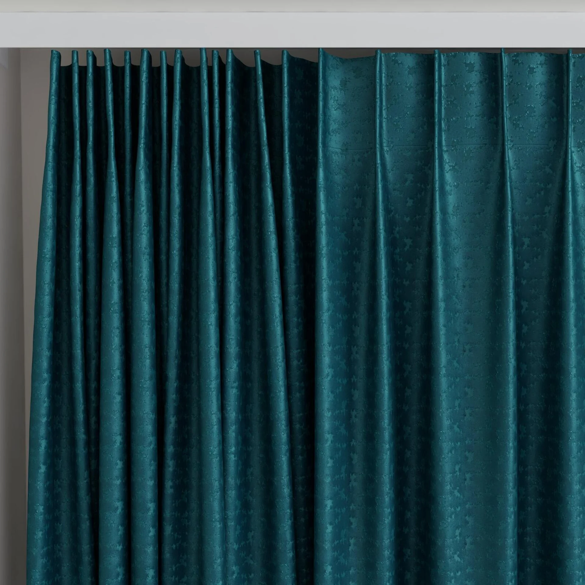 Top view of Requiem Teal, on curtain rail