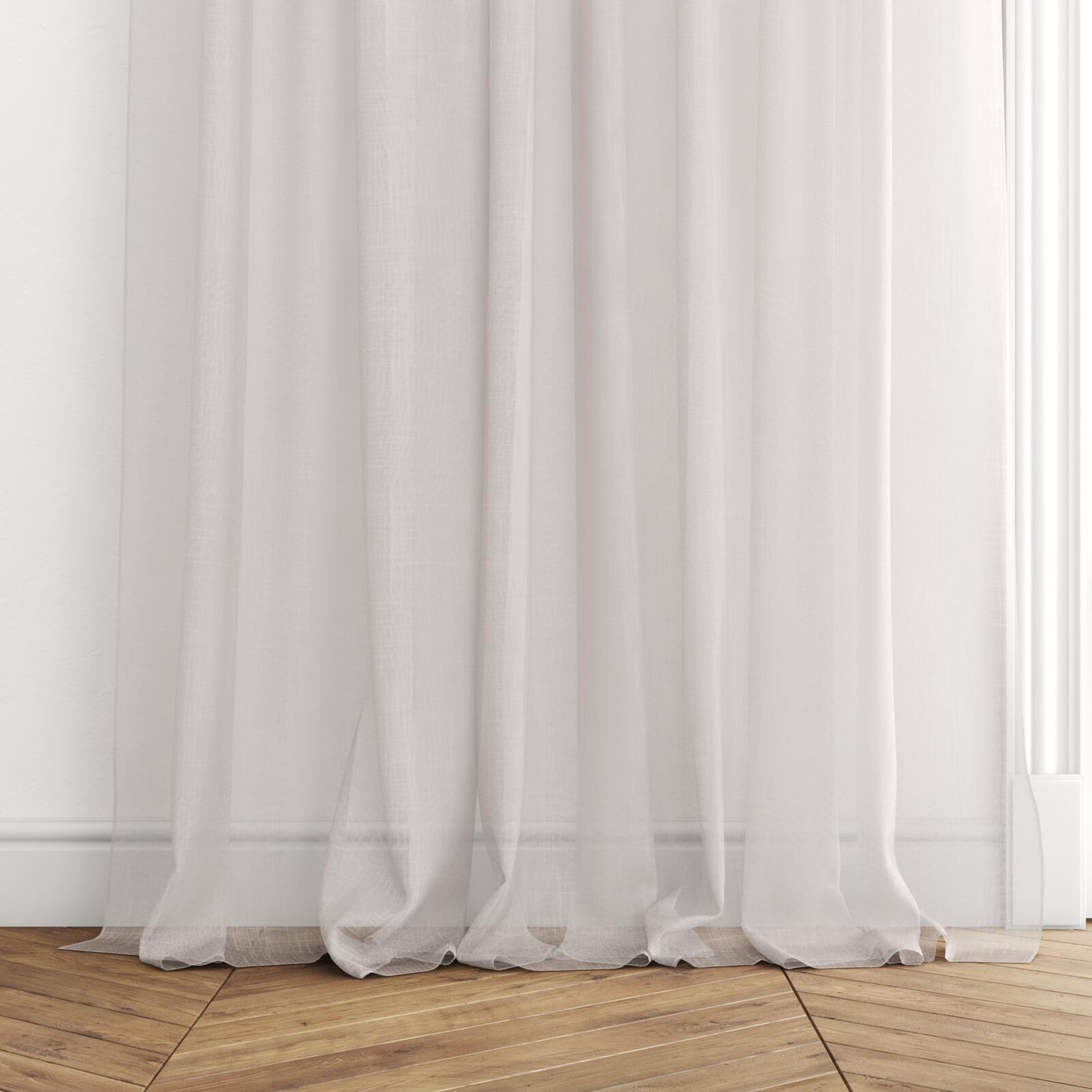 Bottom view of Attica Blush, puddled with pinch pleat, on curtain rod