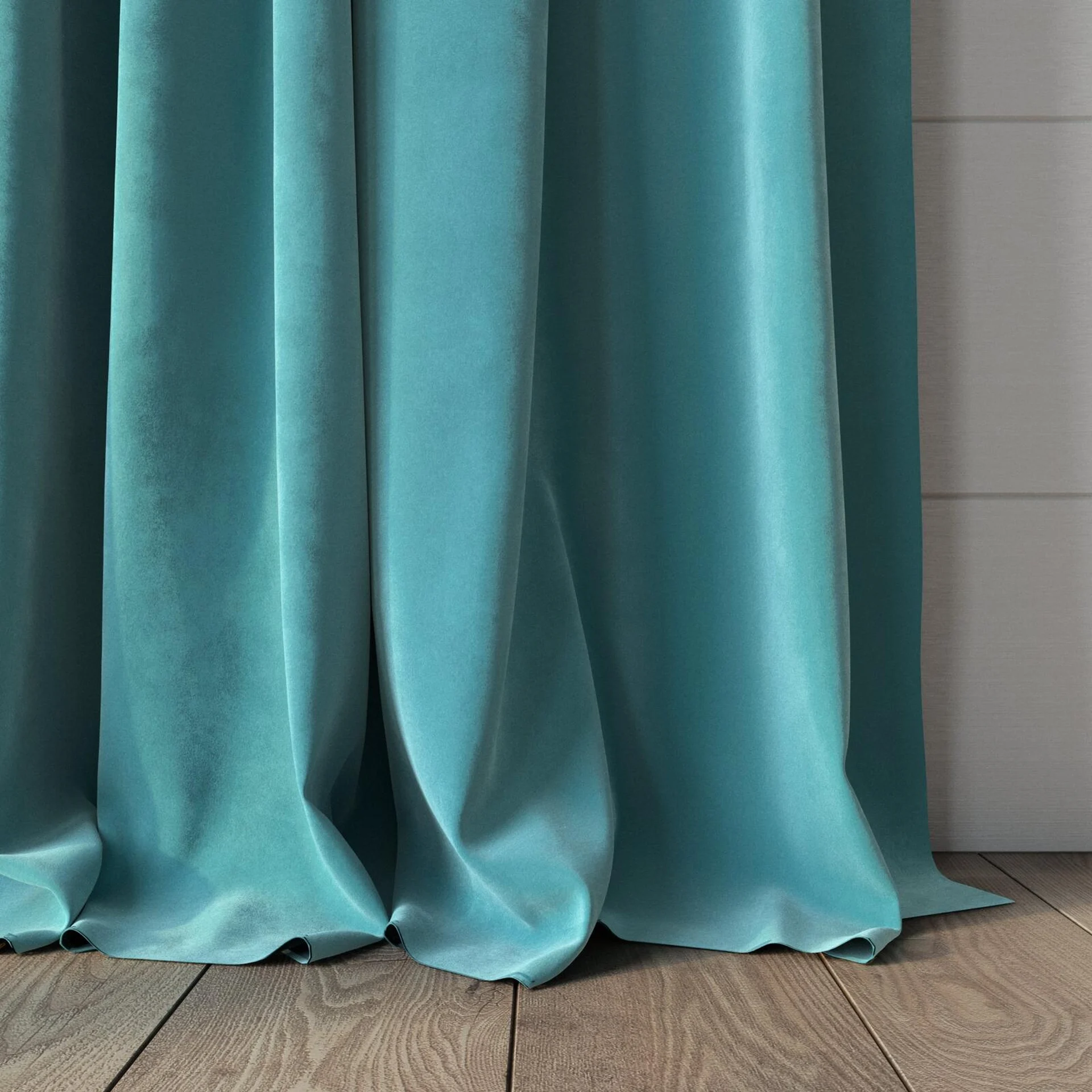 Bottom view of Lux Velvet Aqua 8816, puddled, on curtain rod