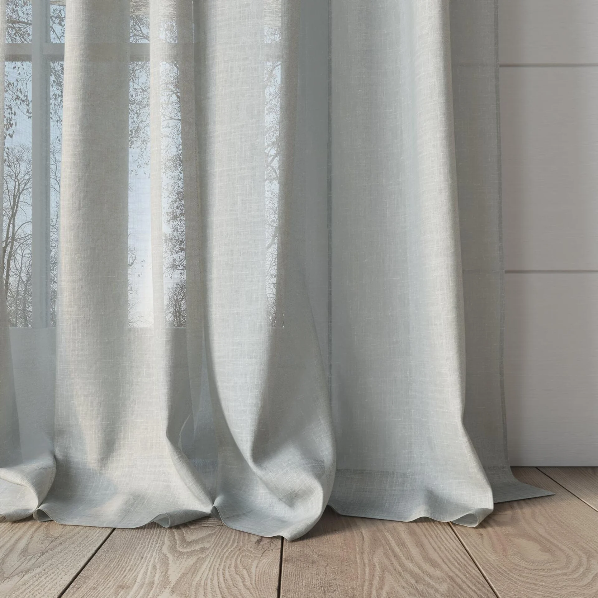 Bottom view of Uno Linen, puddled, on curtain rod