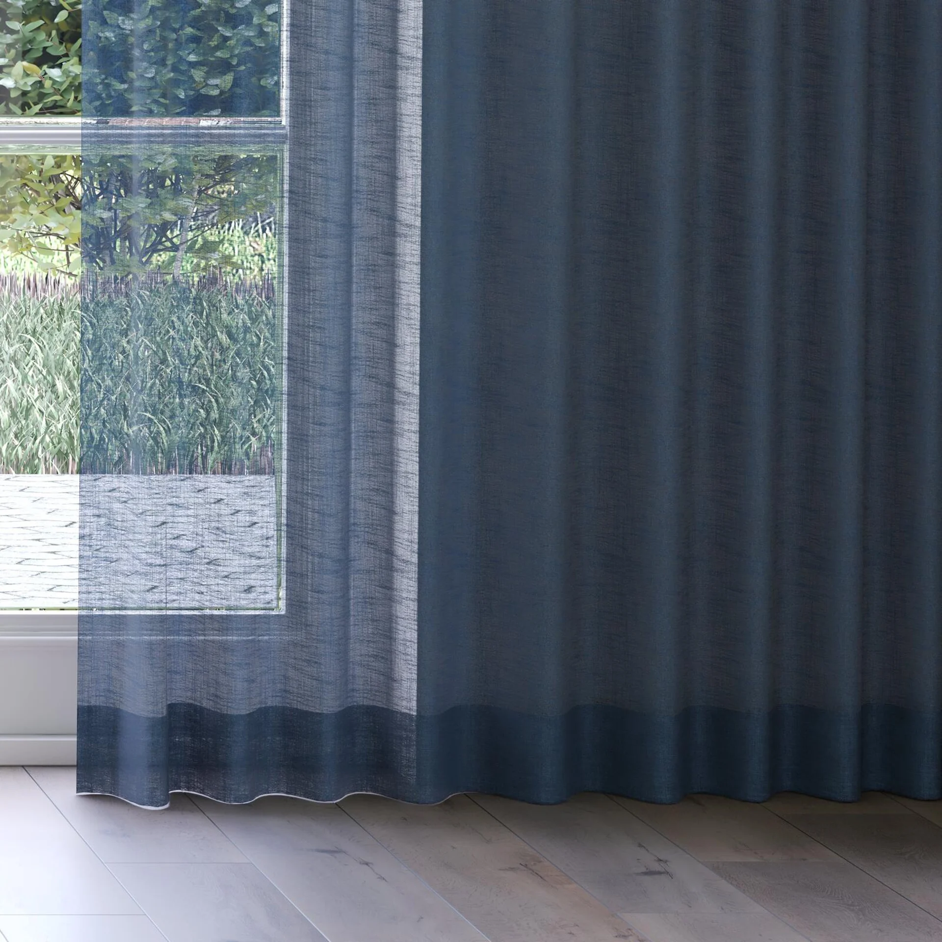 Bottom view of Verdant Navy, on curtain rail