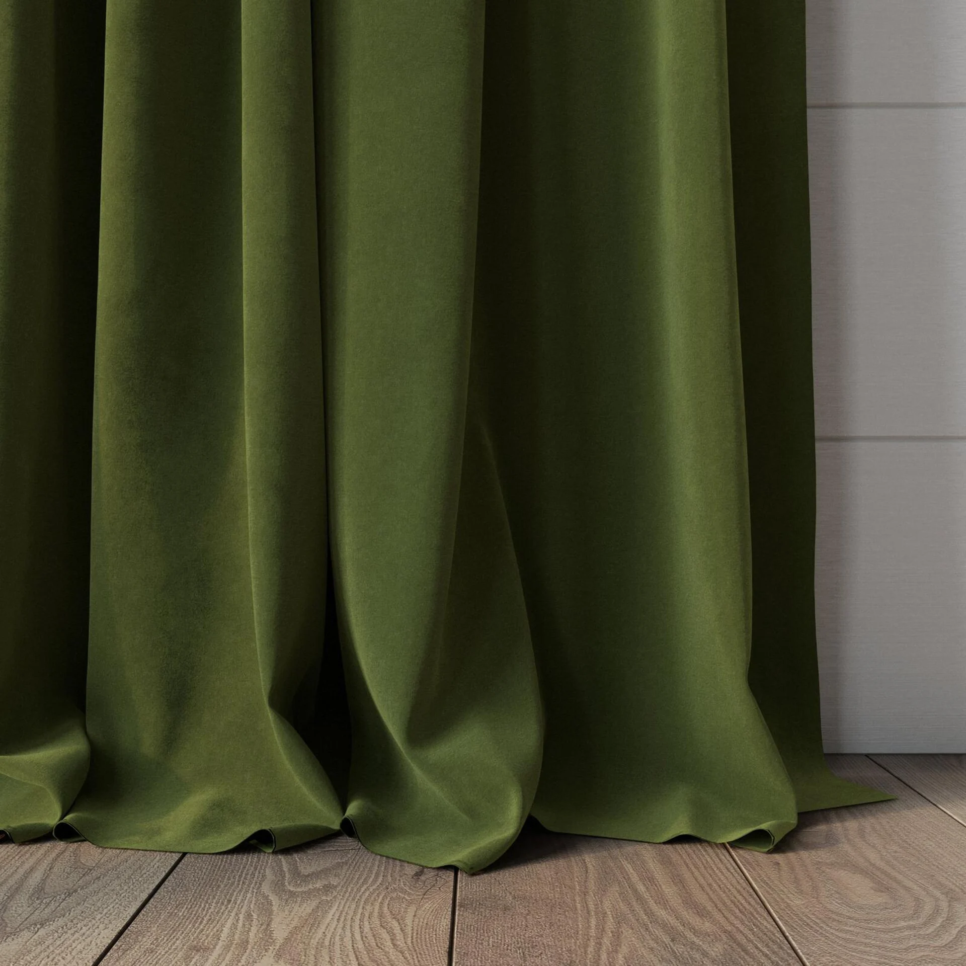 Bottom view of Lux Velvet Olive 8118, puddled, on curtain rod