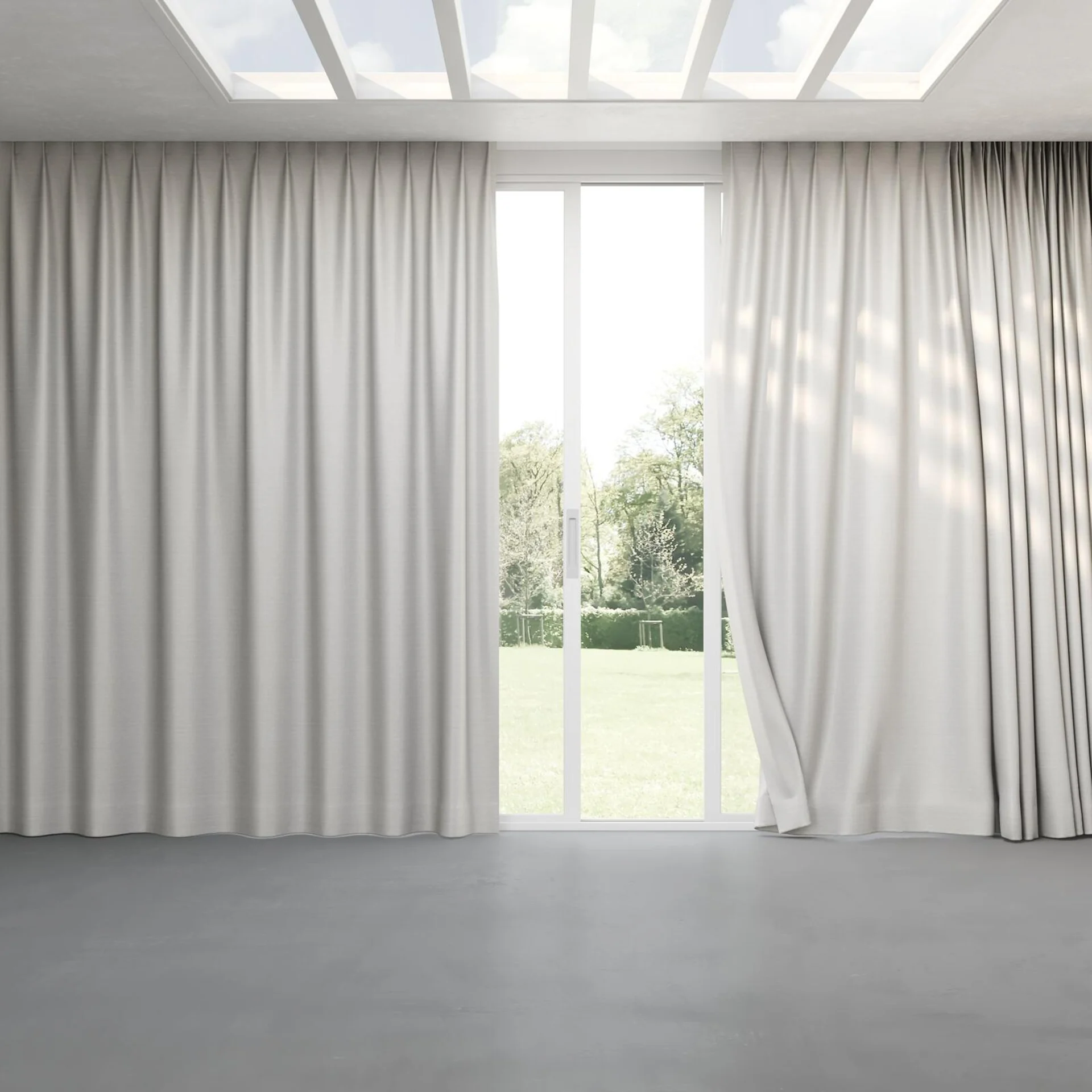 Full view of Silky Sterling, pinch pleat
