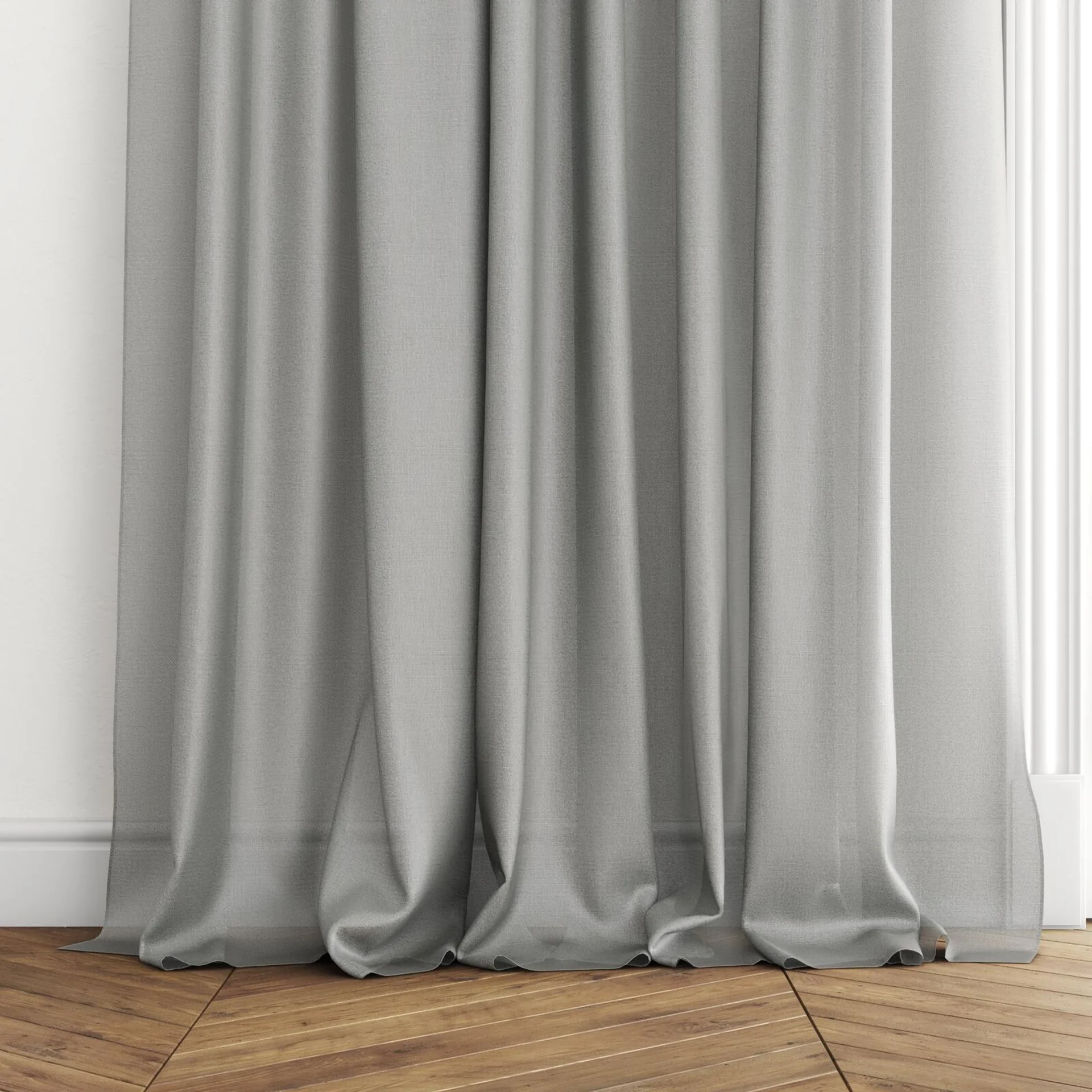 Bottom view of Jermian Metal, puddled with pinch pleat, on curtain rod