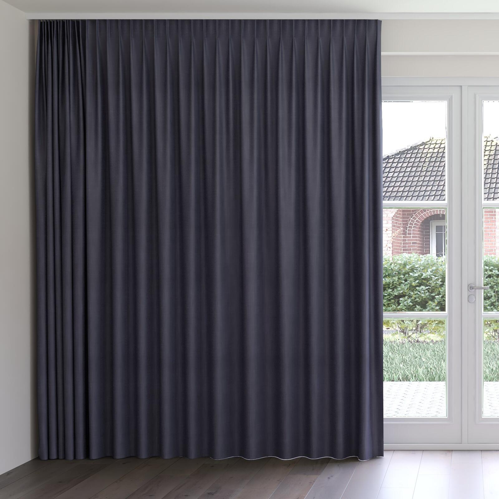 Front view of Loci Dim Out Ink, on curtain rail
