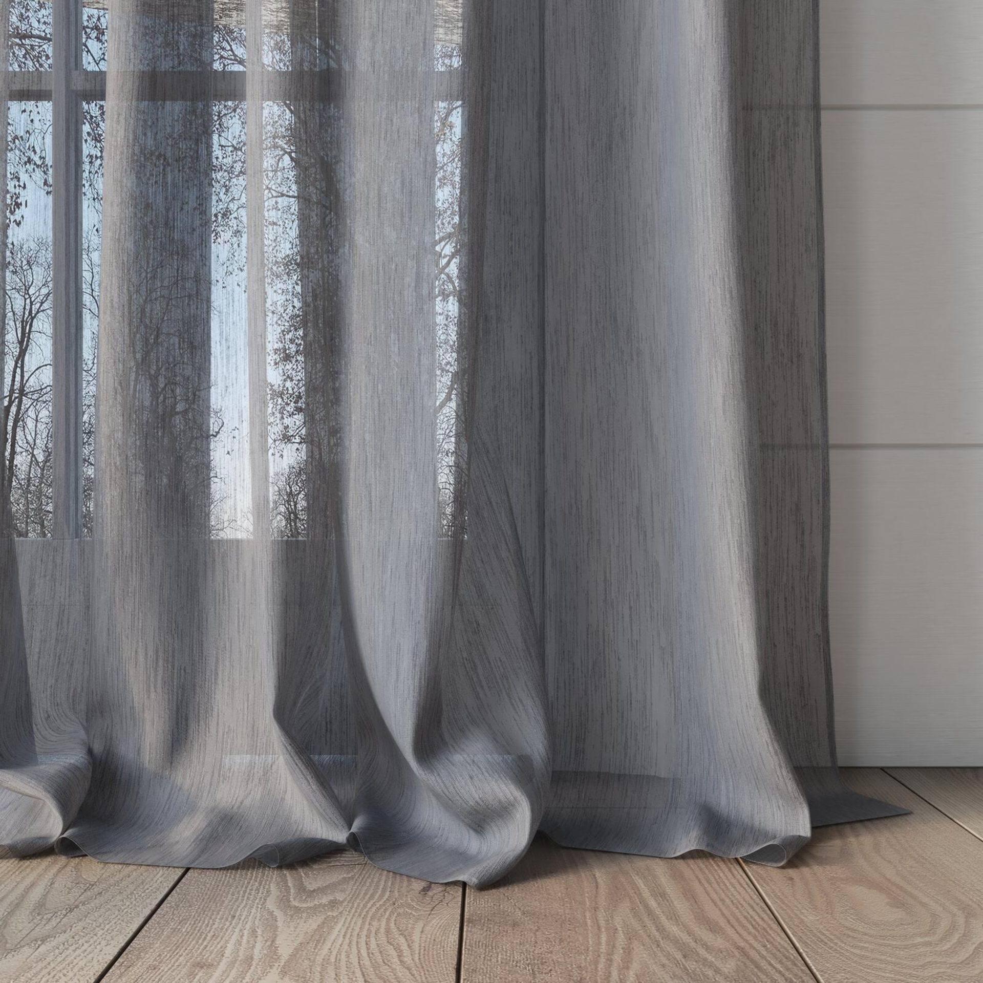 Bottom view of Stratus Slate, puddled, on curtain rod