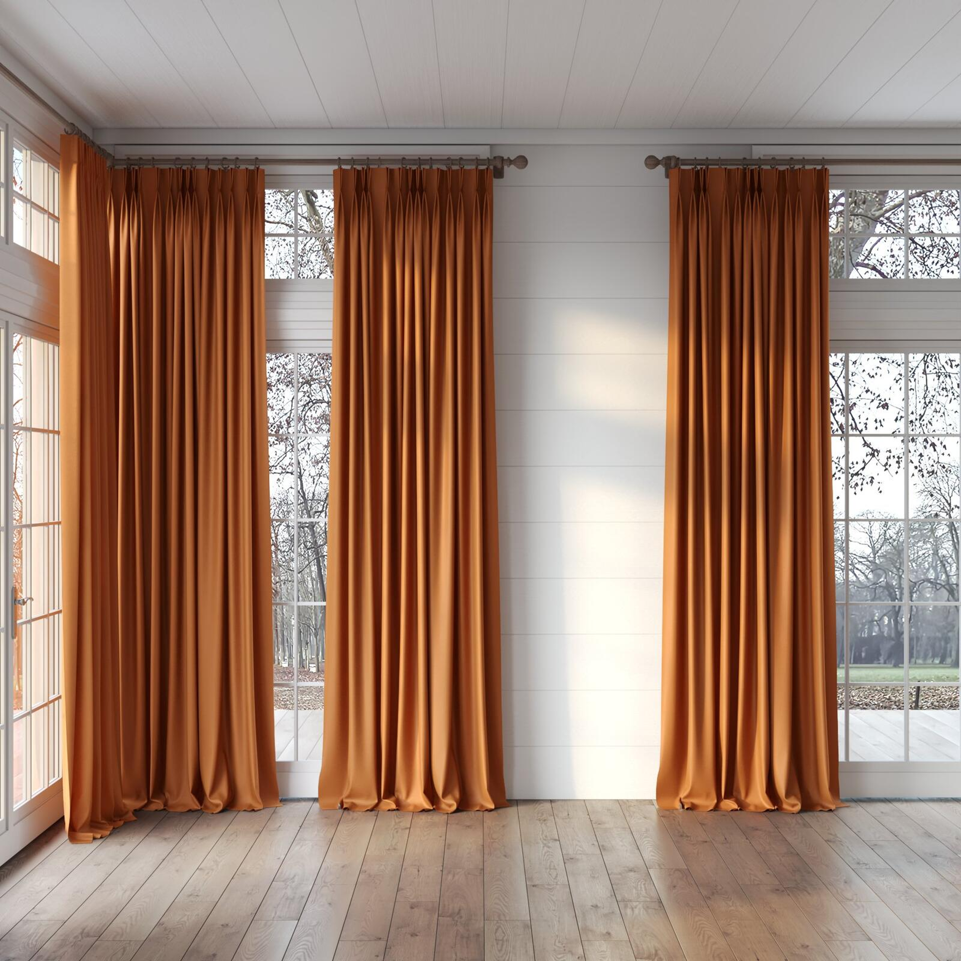 Full view of Silk Road Pumpkin, puddled, on curtain rod