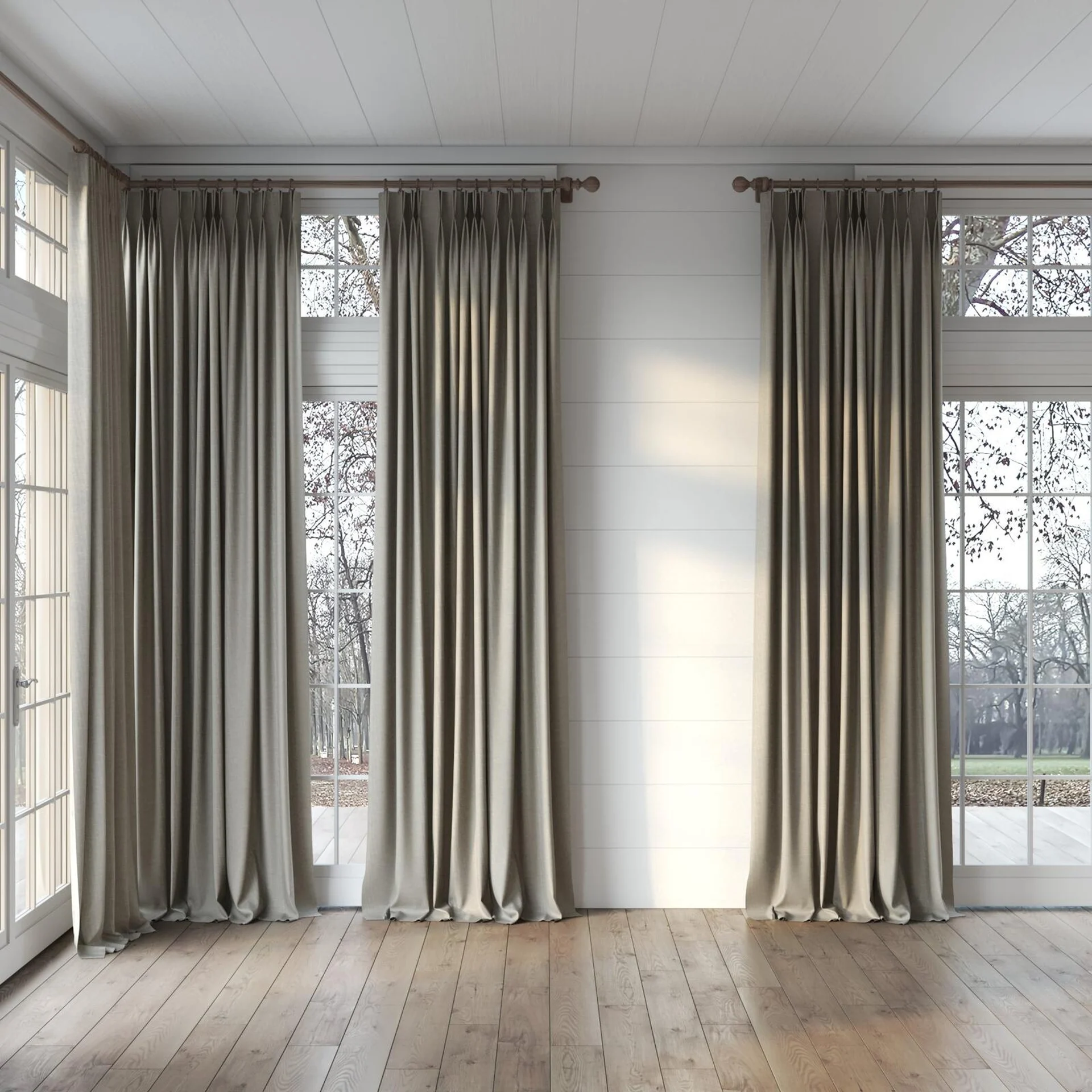 Full view of Casual Truffle, puddled, on curtain rod