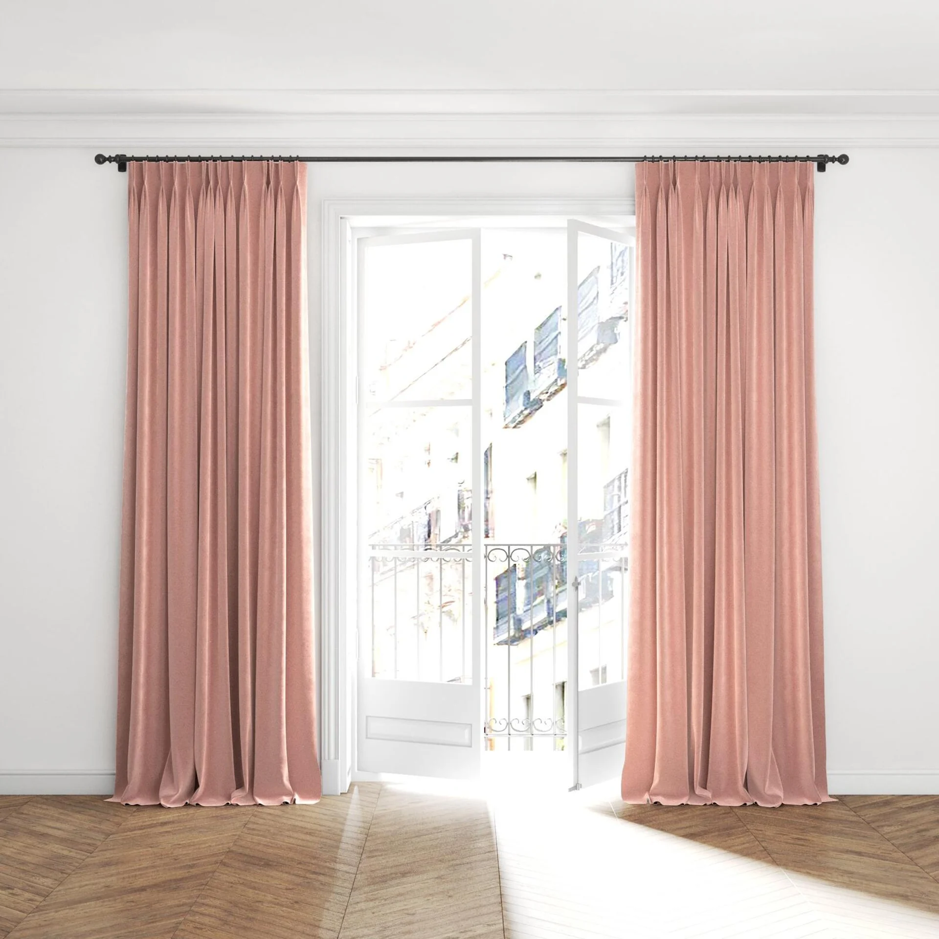 Full view of Verbier Petal, puddled with pinch pleat, on curtain rod