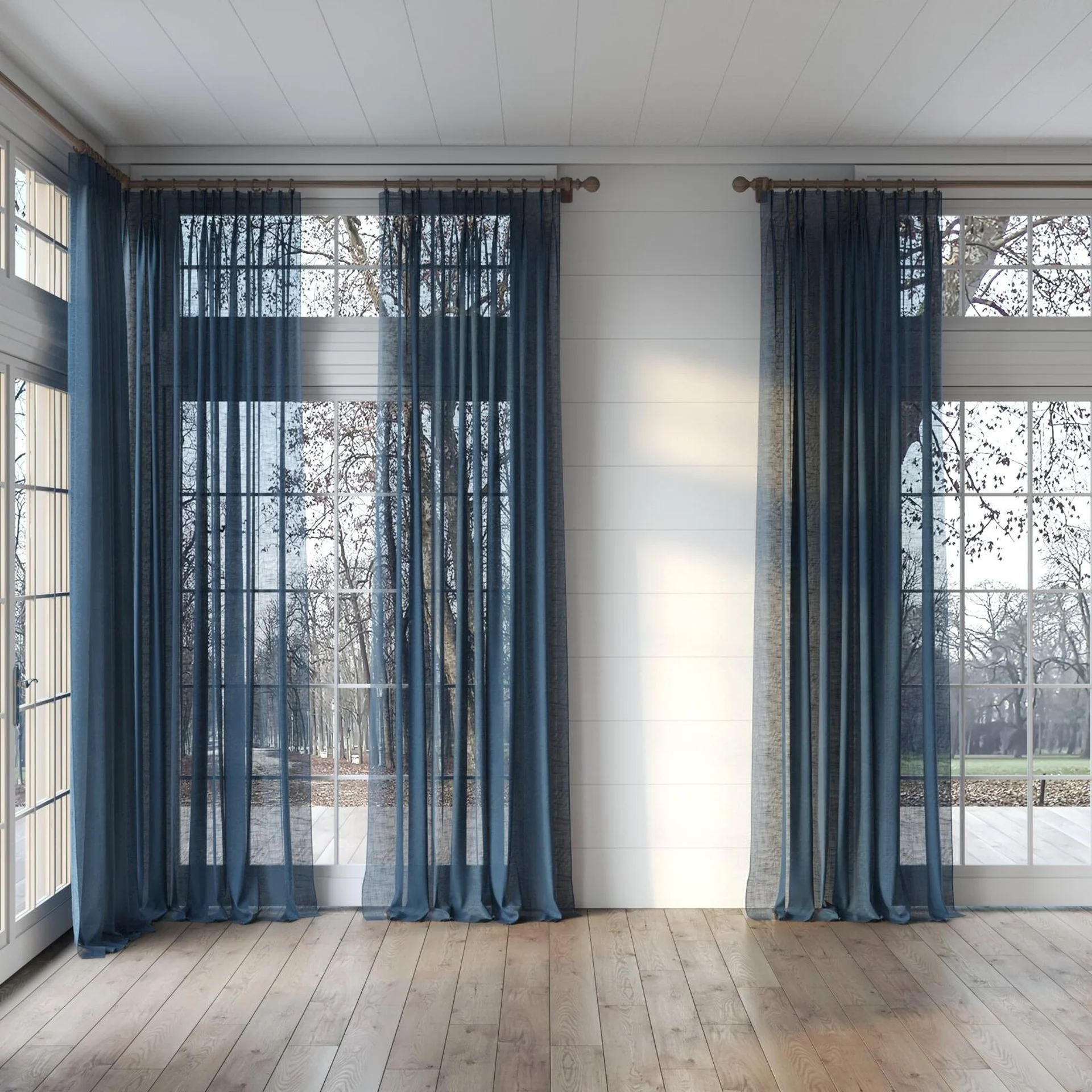 Full view of Verdant Navy, puddled, on curtain rod