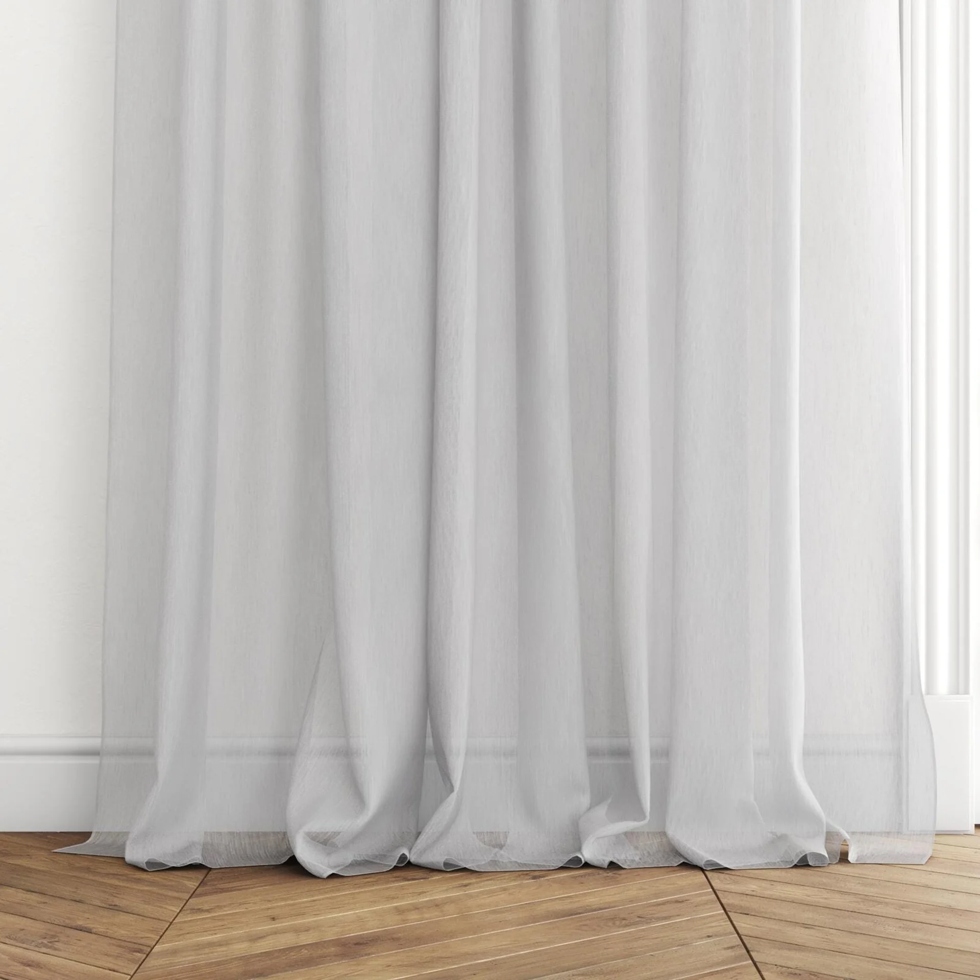 Bottom view of Stratus Silver, puddled with pinch pleat, on curtain rod