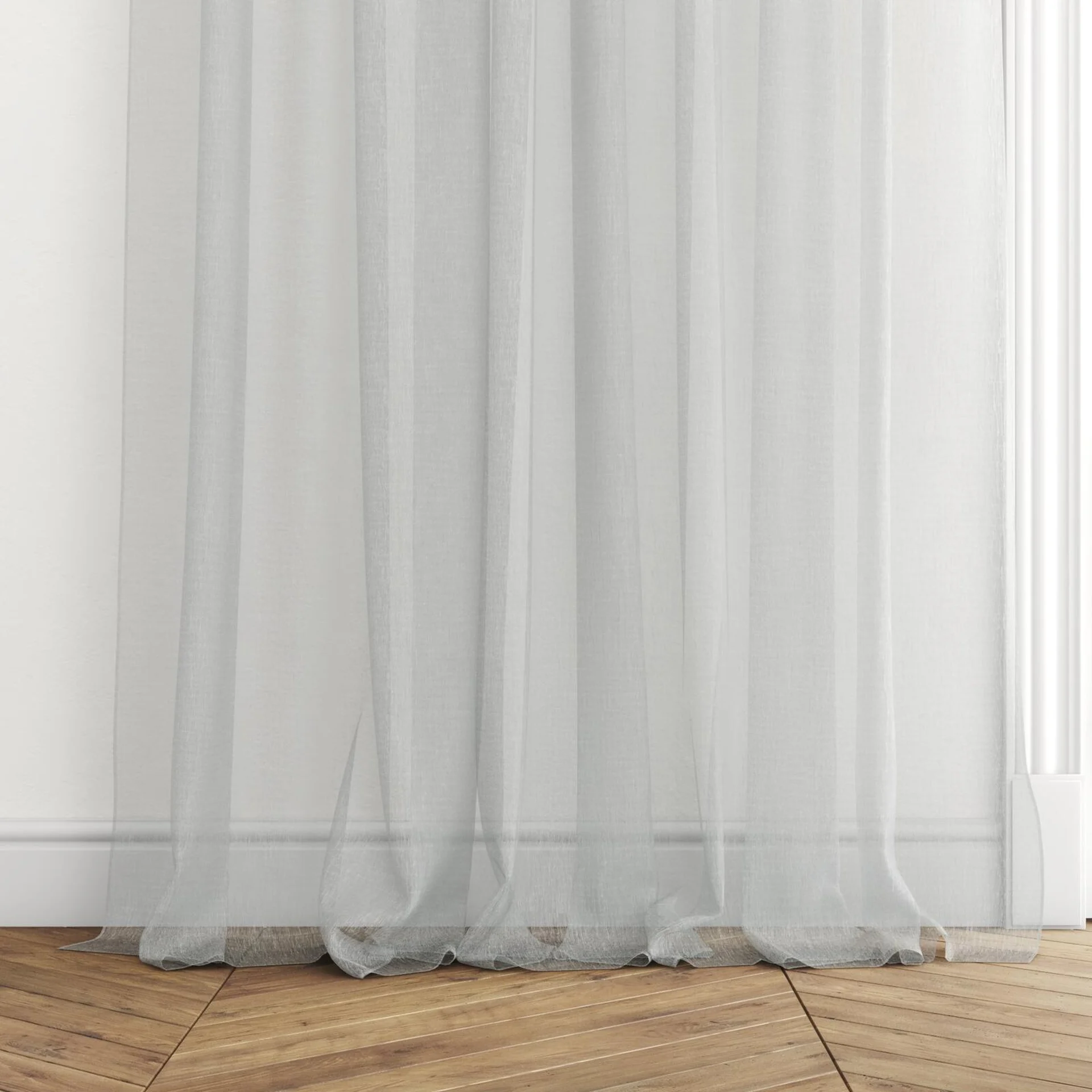 Bottom view of Makai (JDG) Ice, puddled with pinch pleat, on curtain rod