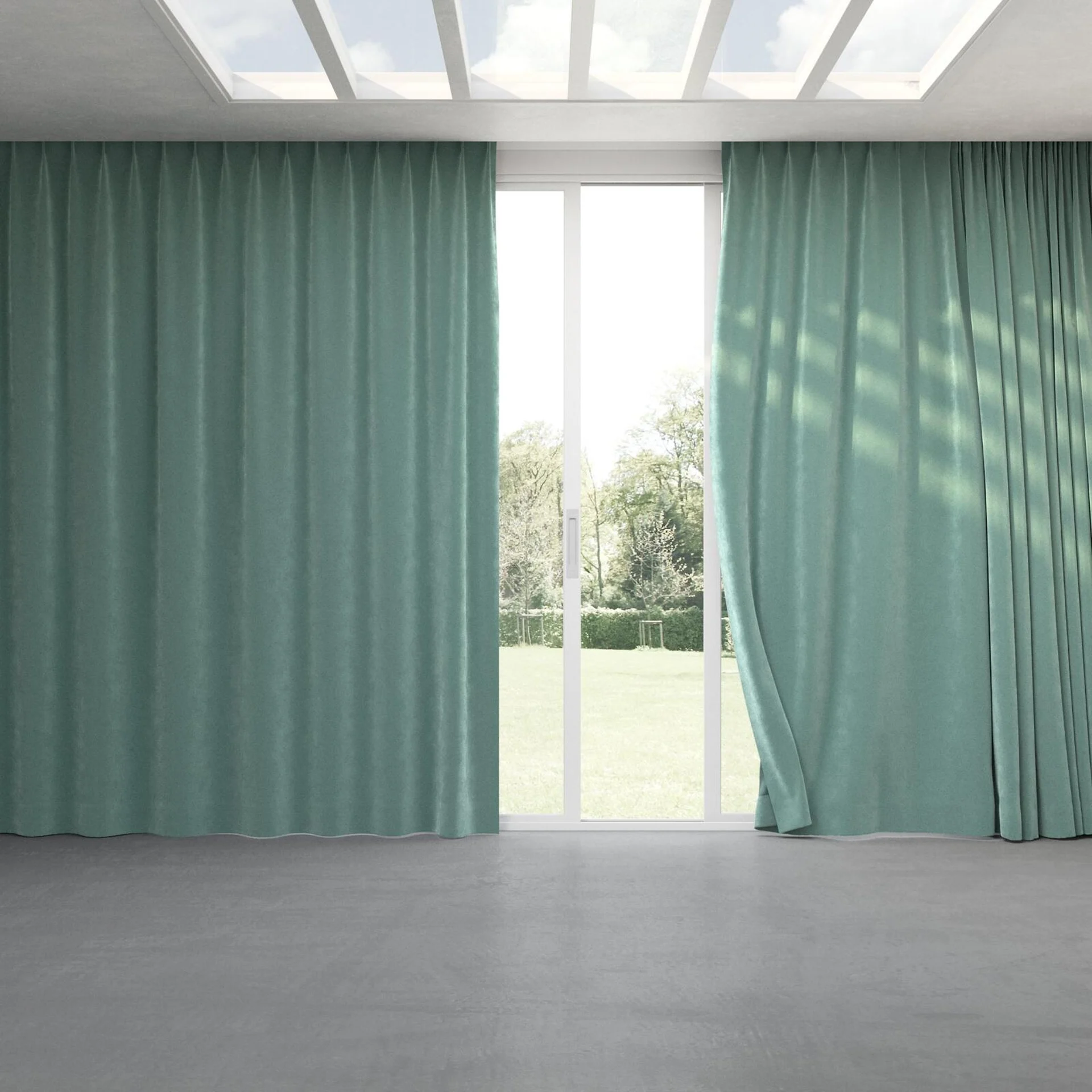Full view of Lux Velvet Mint 8803, pinch pleat