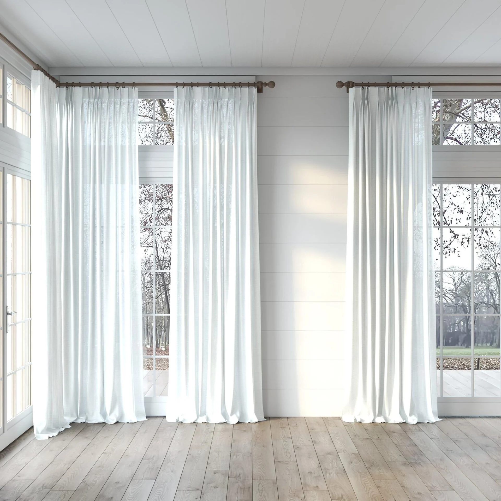 Full view of Oscillate Ivory, puddled, on curtain rod