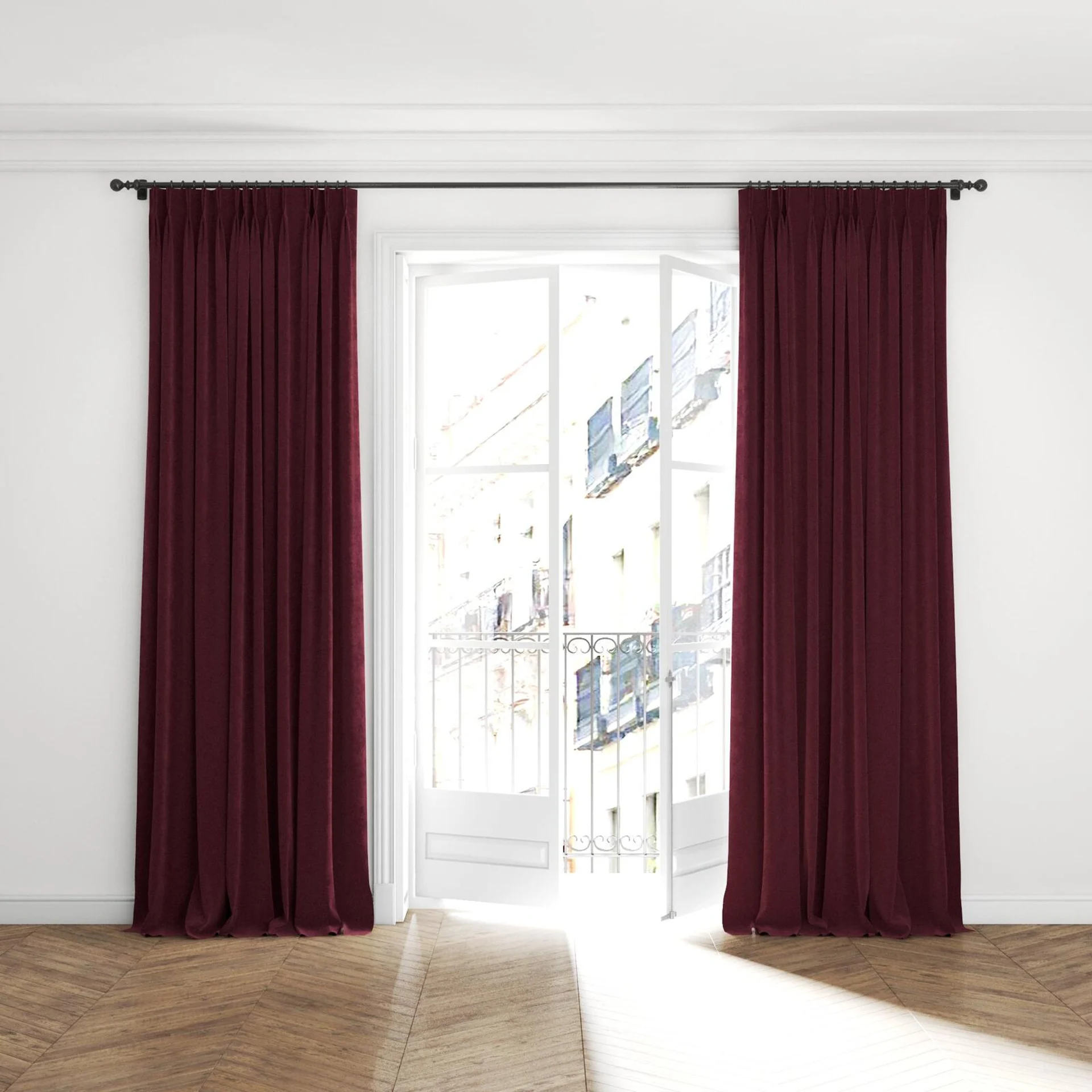 Full view of Lux Velvet Port 8614, puddled with pinch pleat, on curtain rod