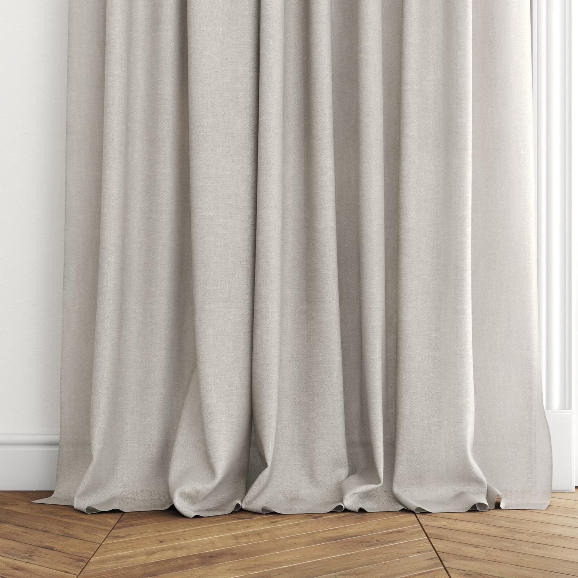 Bottom view of Lucidity Dove, puddled with pinch pleat, on curtain rod