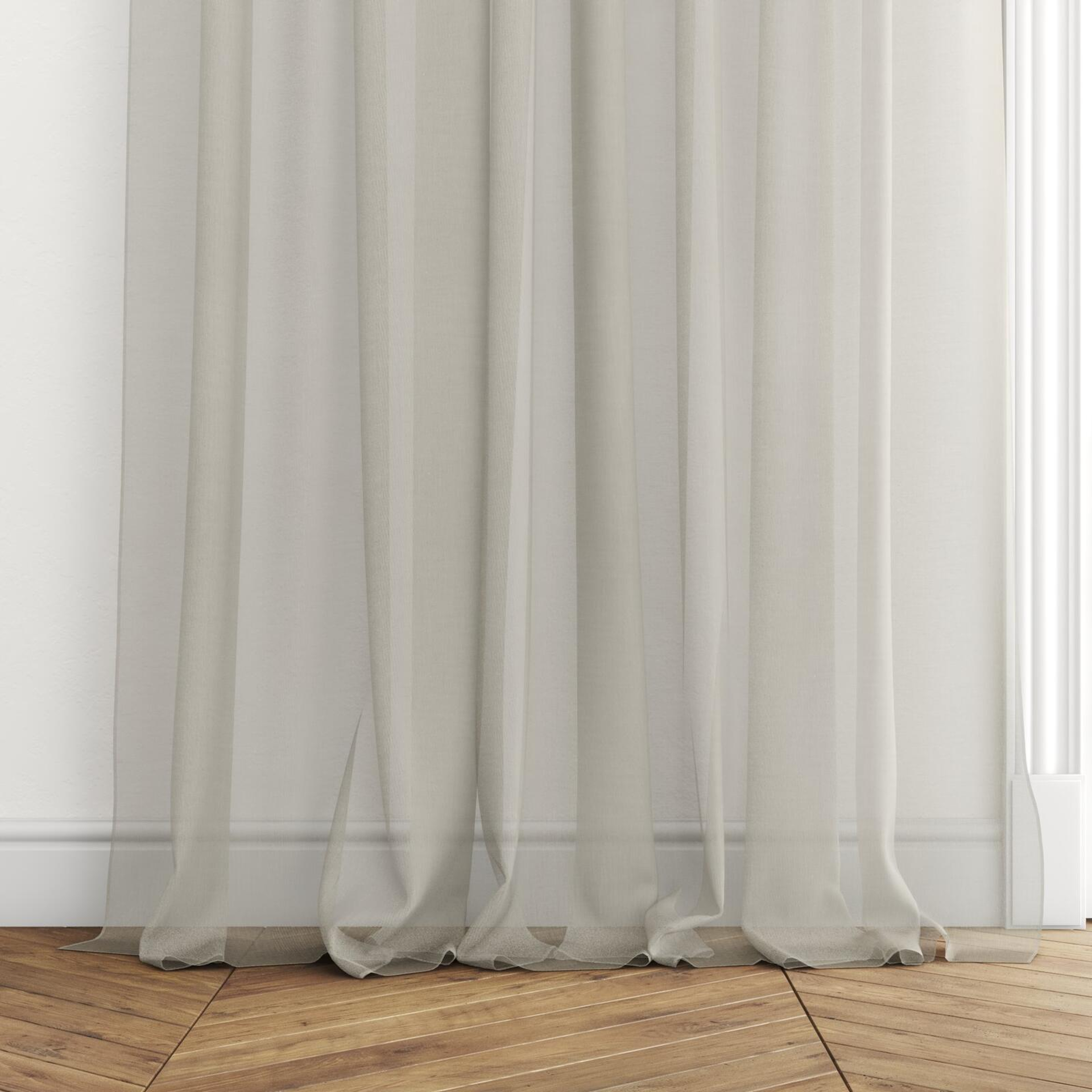 Bottom view of Audiance Putty, puddled with pinch pleat, on curtain rod