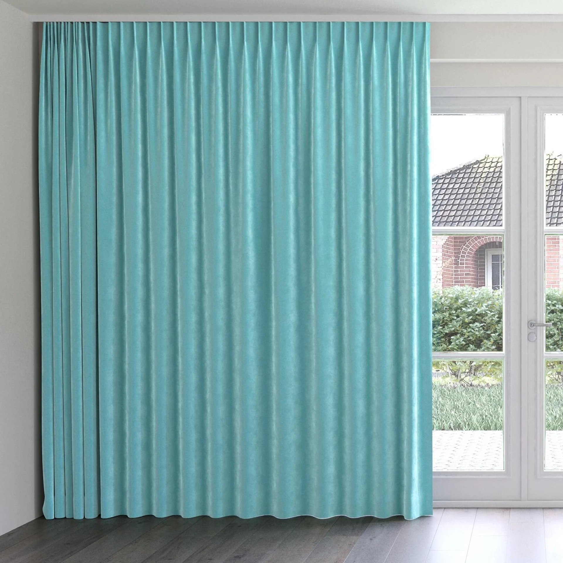Front view of Lux Velvet Aqua 8816, on curtain rail