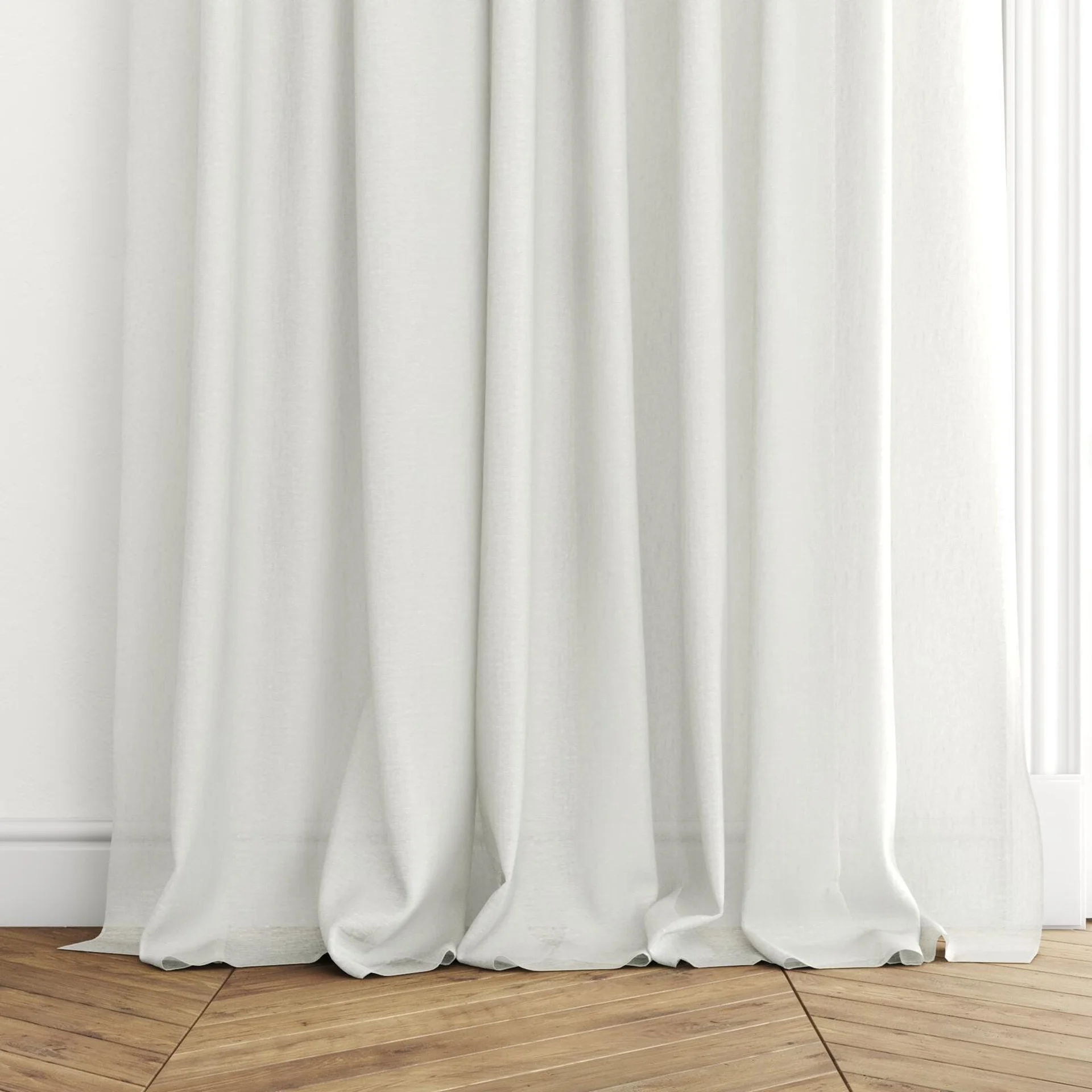 Bottom view of Laconia Air Frost, puddled with pinch pleat, on curtain rod