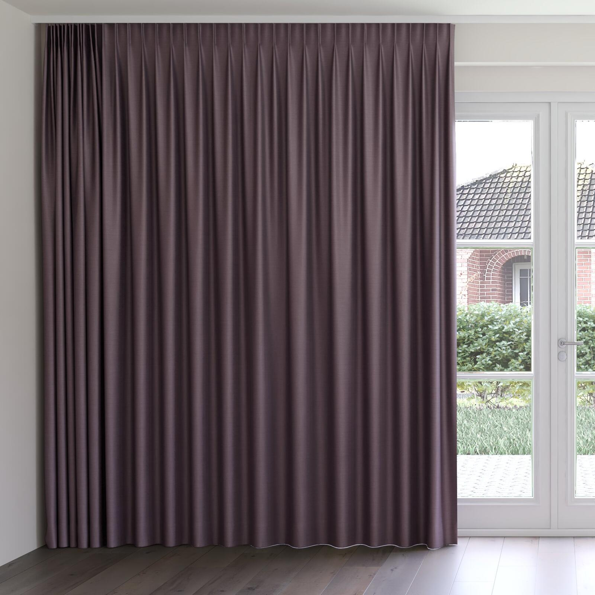 Front view of Linex Aubergine, on curtain rail