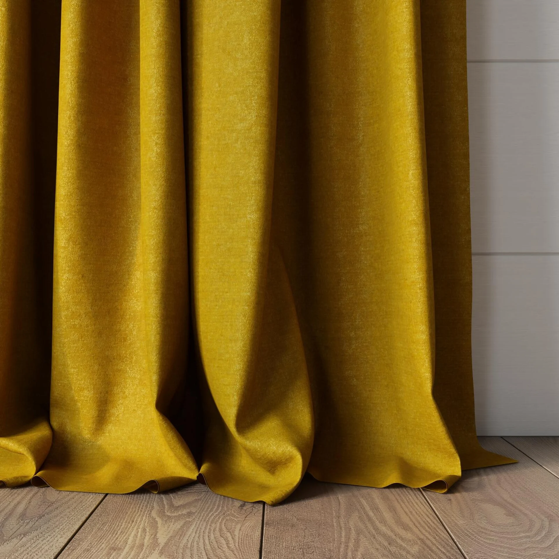 Bottom view of Drama Gold, puddled, on curtain rod