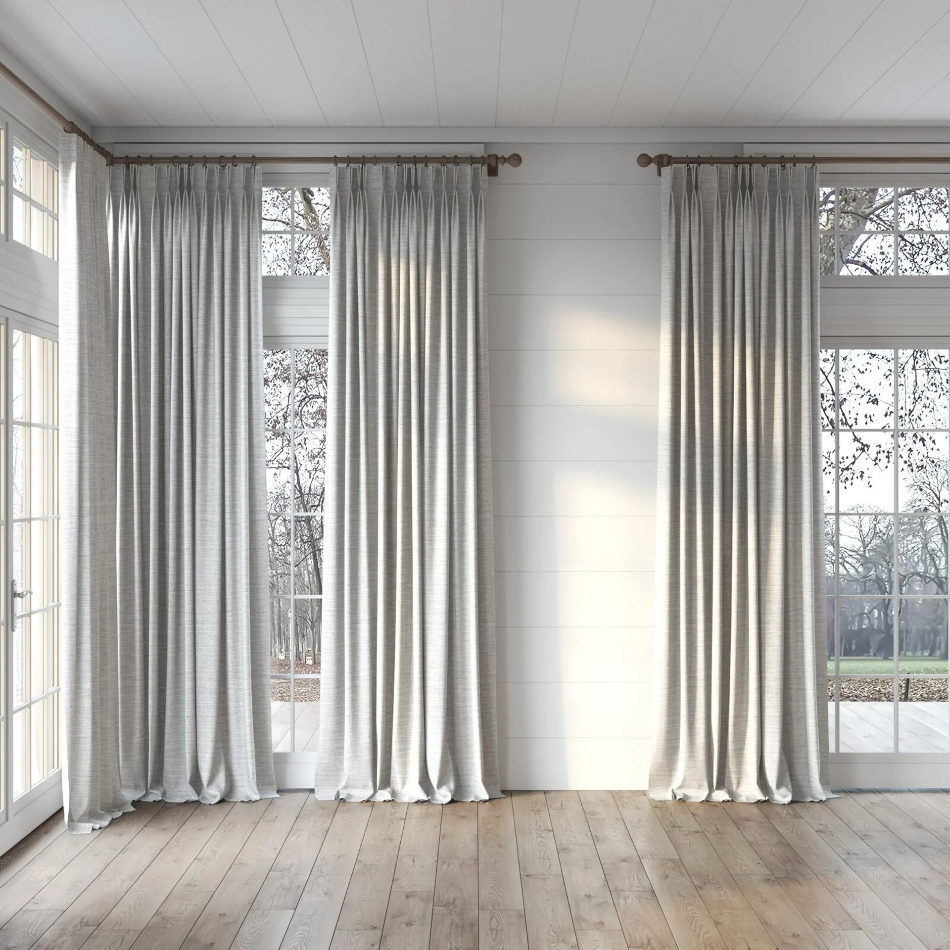 Full view of Chatham Oyster, puddled, on curtain rod