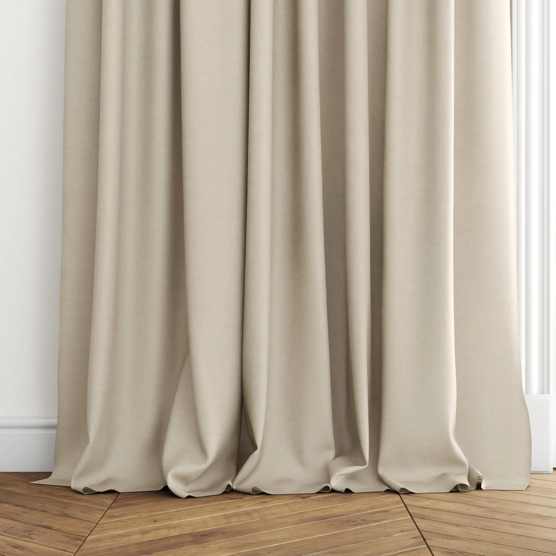 Bottom view of Arcadia Stucco, puddled with pinch pleat, on curtain rod