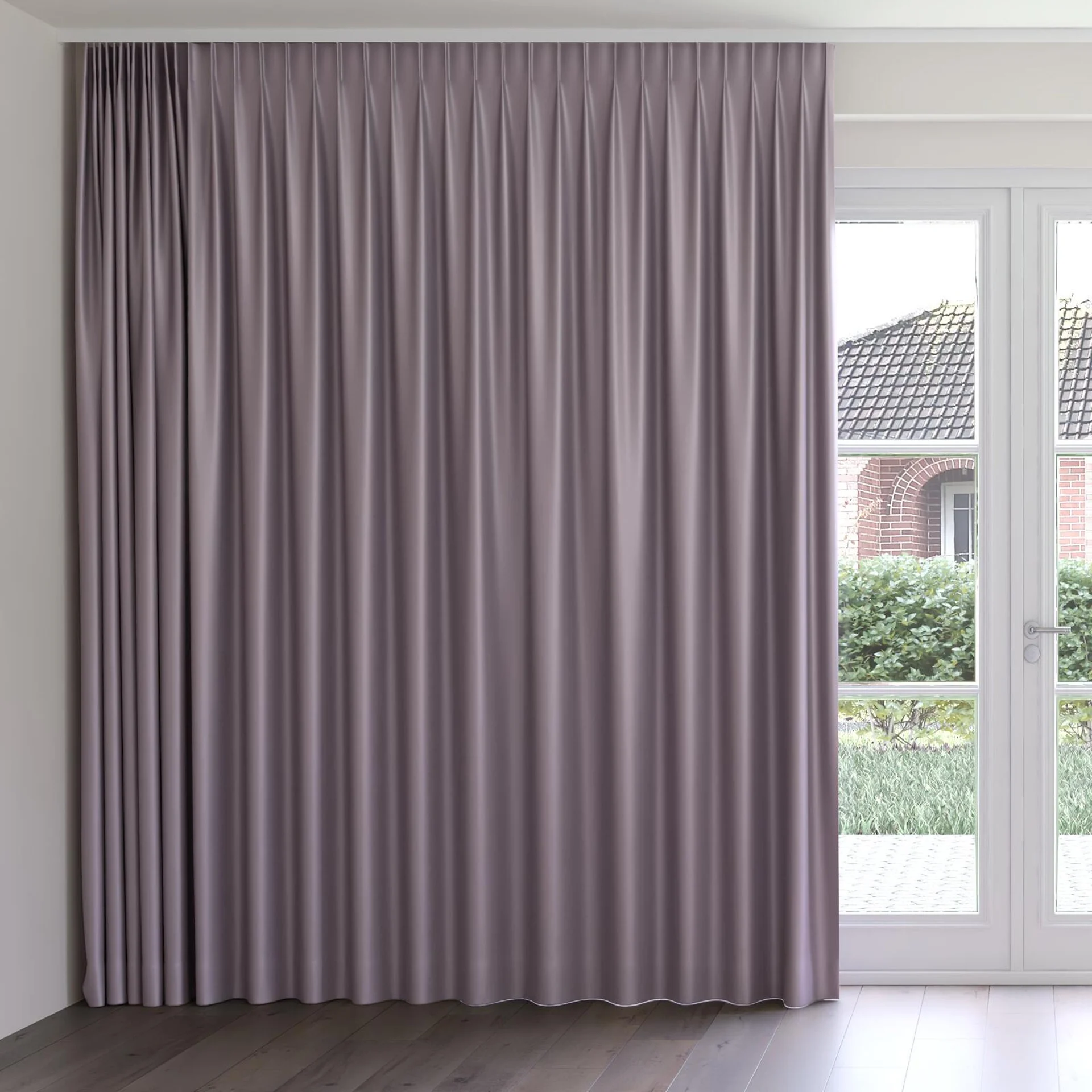 Front view of Sleek Orchid, on curtain rail