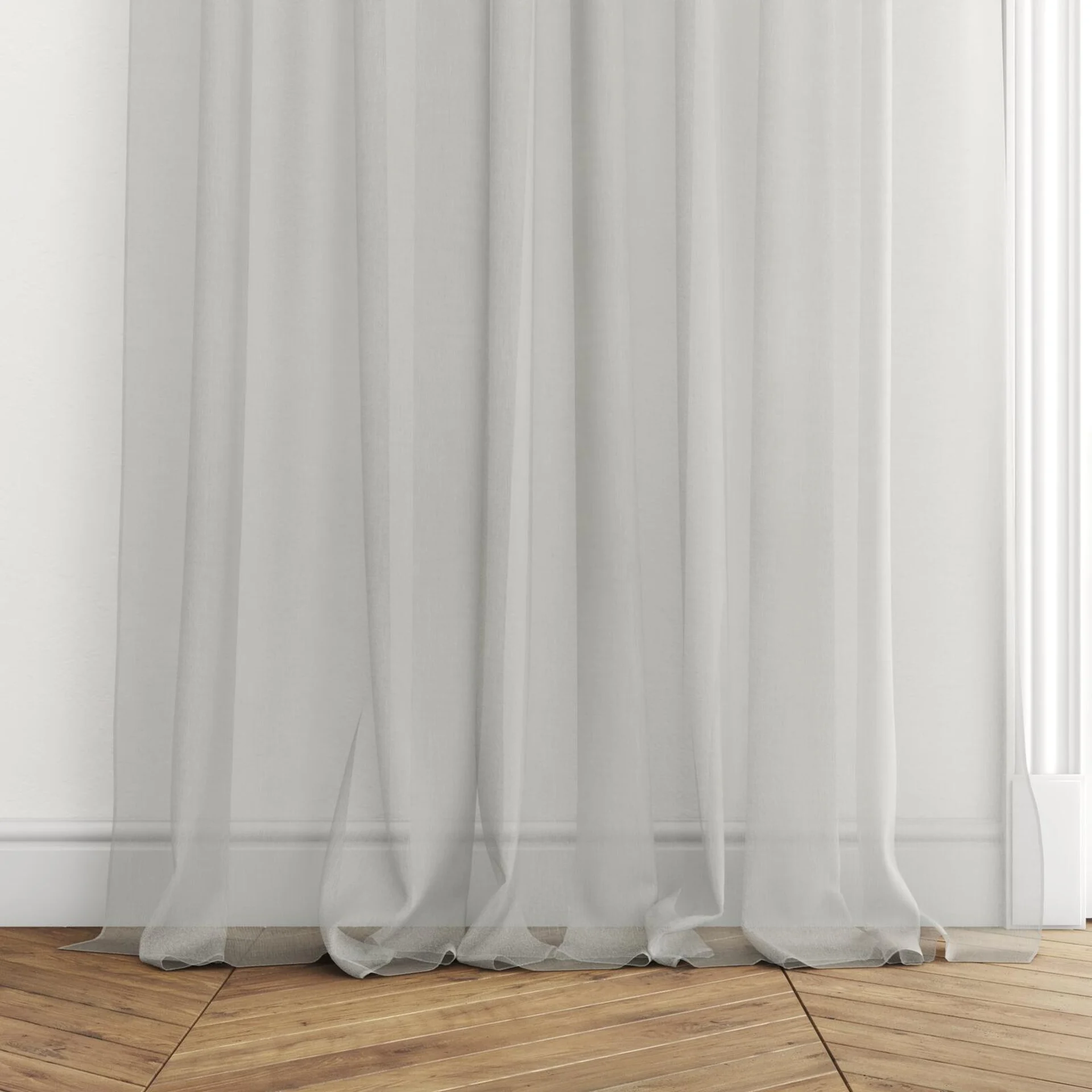 Bottom view of Audiance Silver, puddled with pinch pleat, on curtain rod