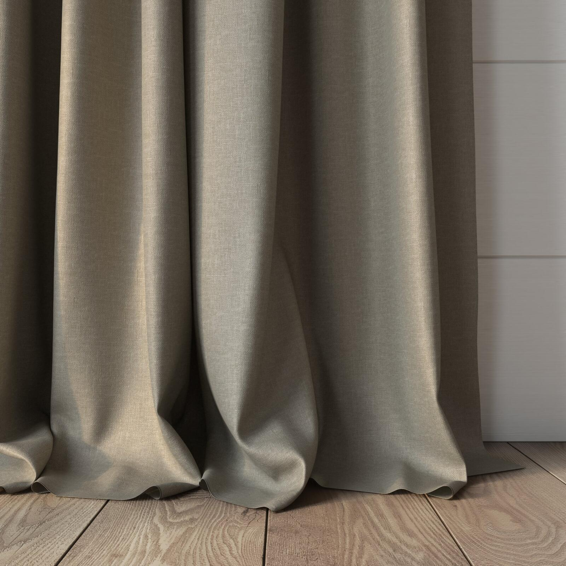 Bottom view of Atelier Linen, puddled, on curtain rod