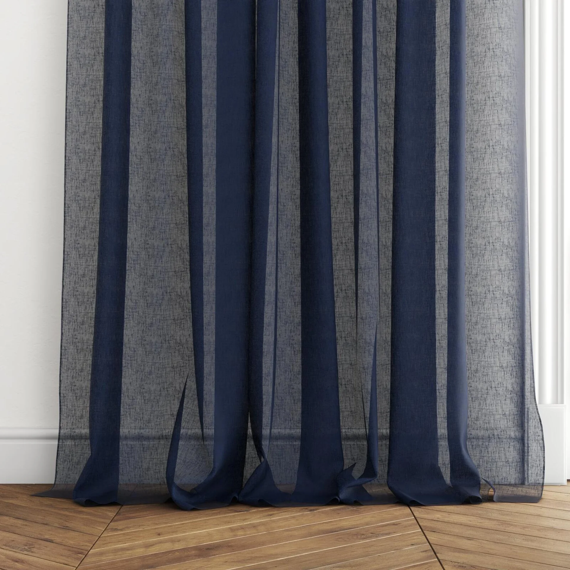 Bottom view of Elevate Deep Sea, puddled with pinch pleat, on curtain rod