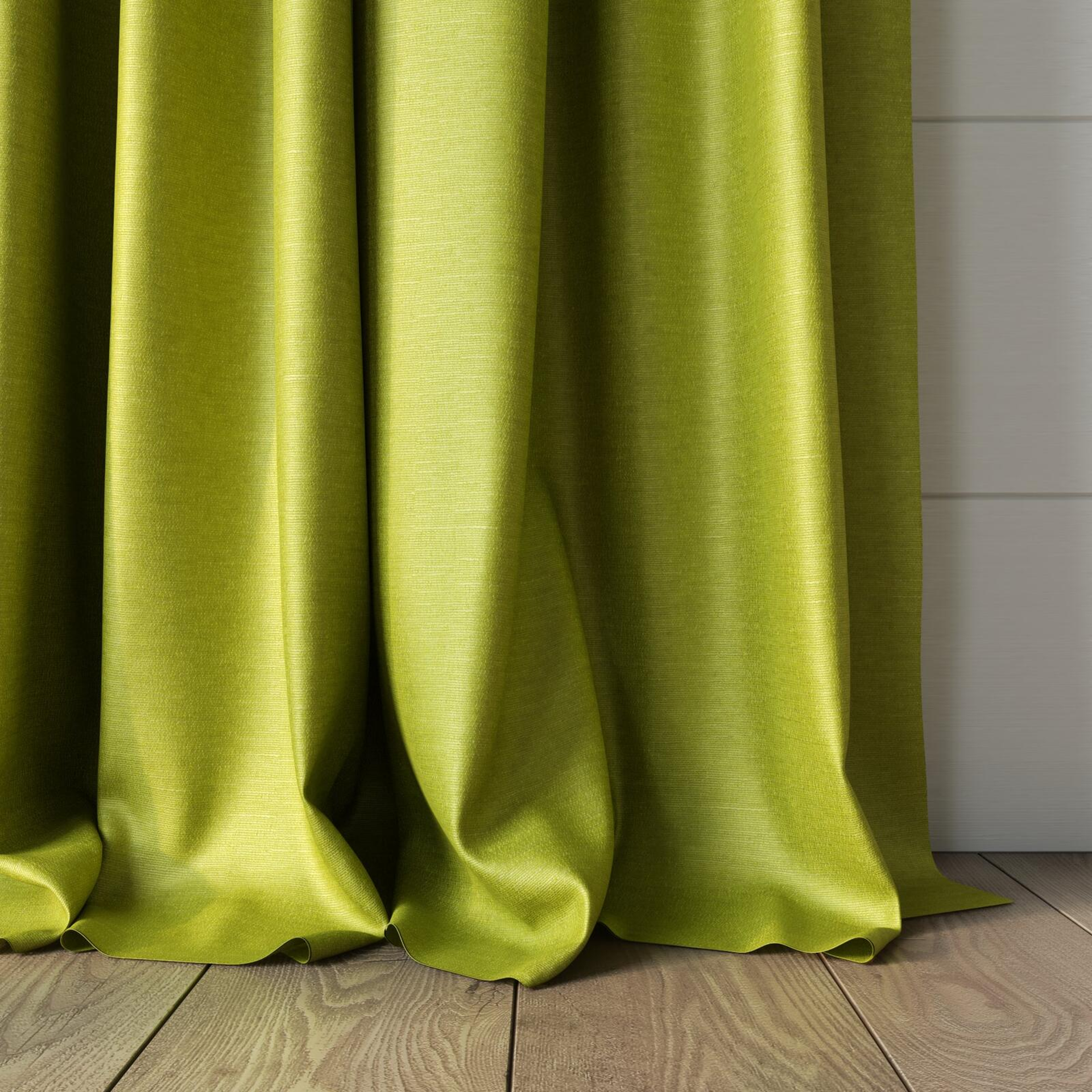 Bottom view of Provence Chartreuse, puddled, on curtain rod