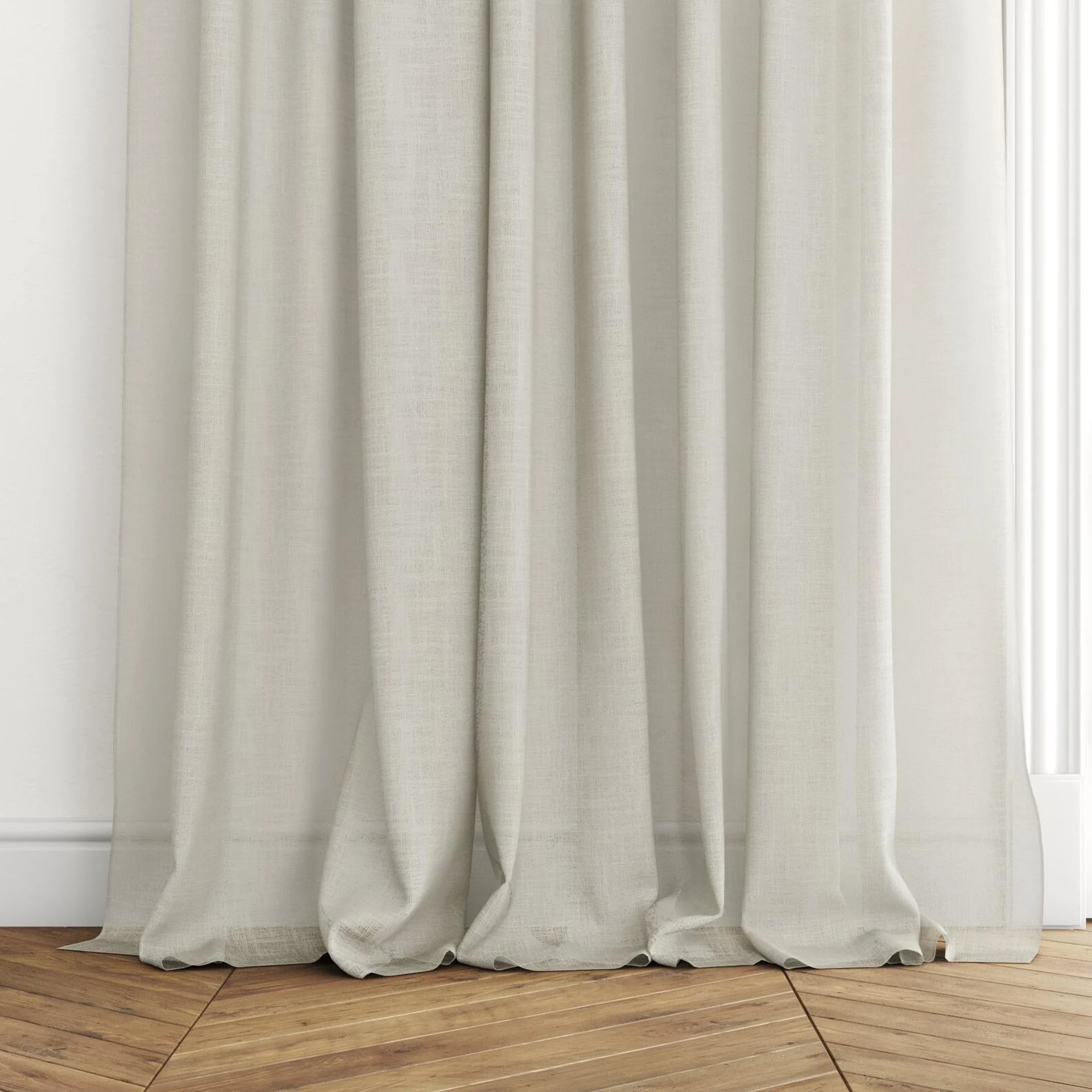 Bottom view of Verdant Flax, puddled with pinch pleat, on curtain rod