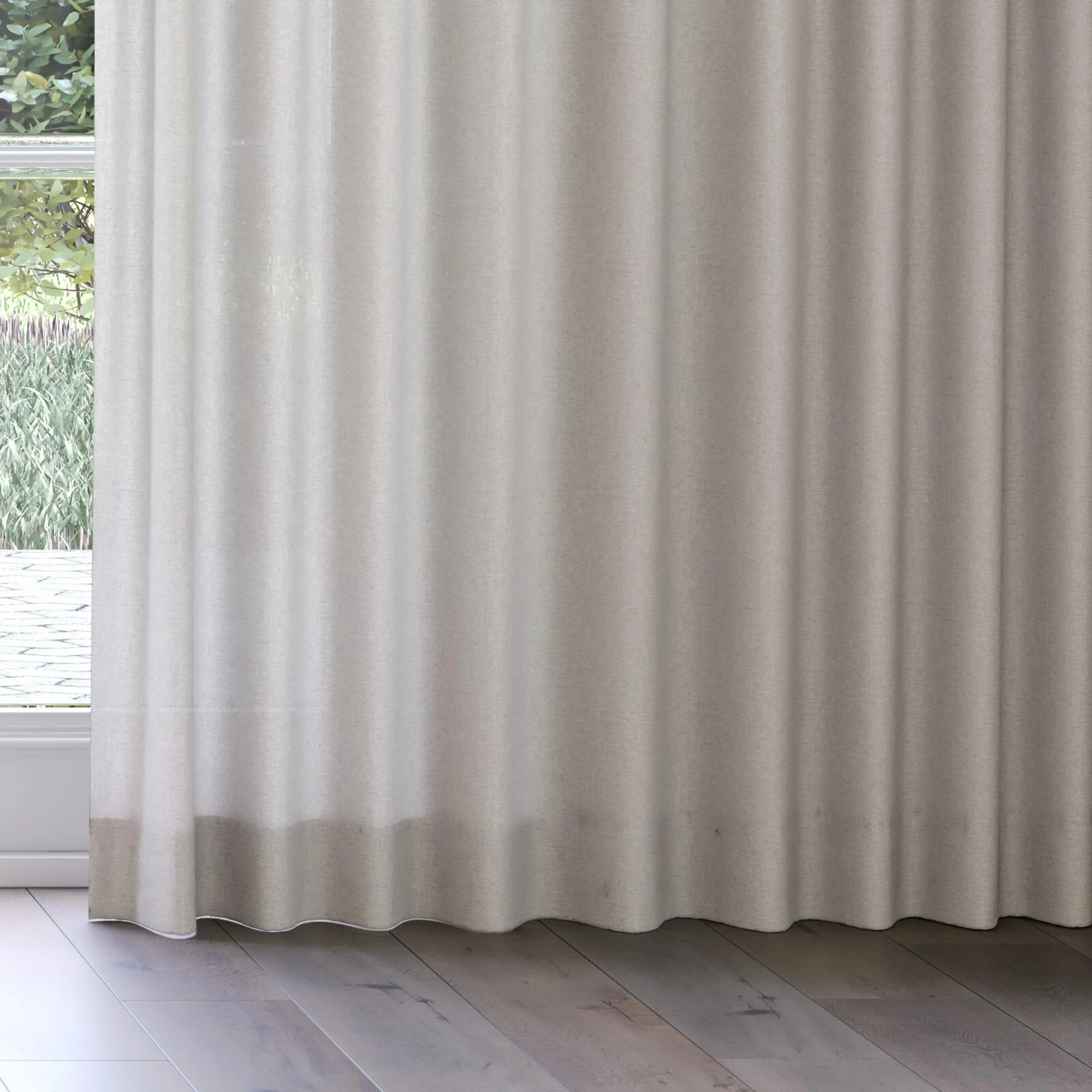 Bottom view of Envoy 2 Oatmeal 320cm, on curtain rail