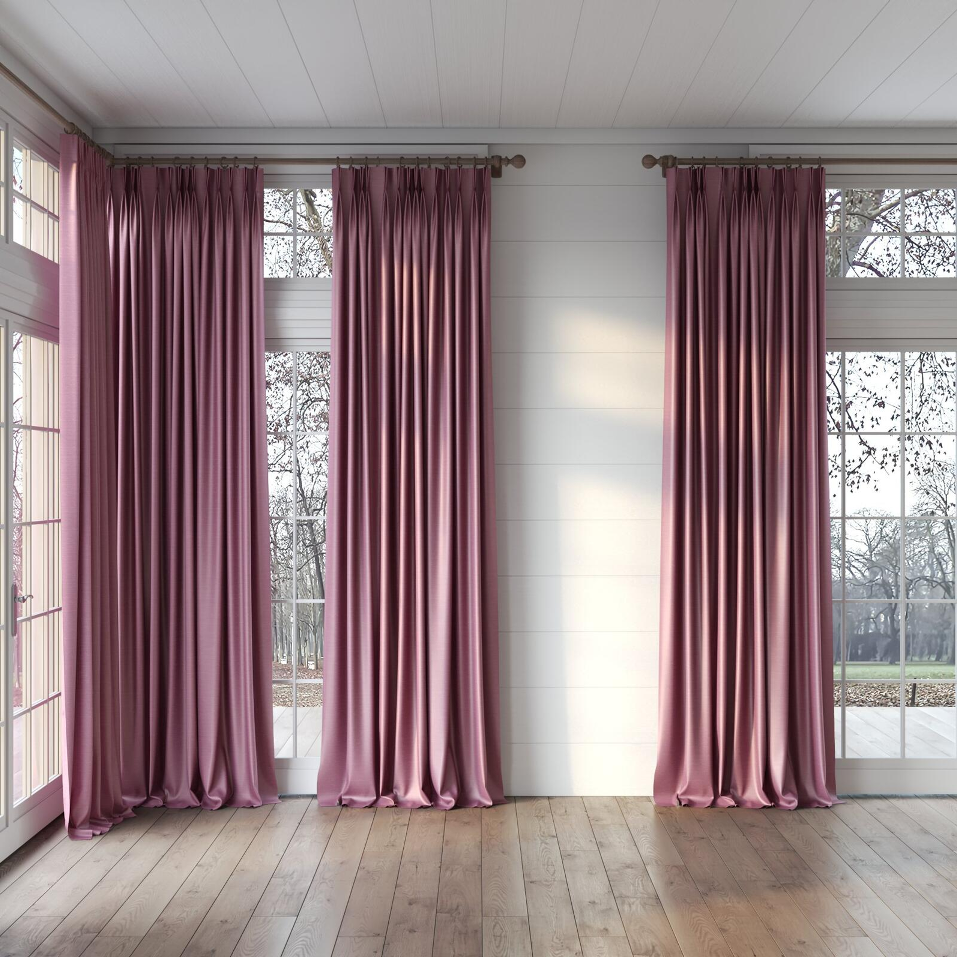 Full view of Silky Tulip, puddled, on curtain rod