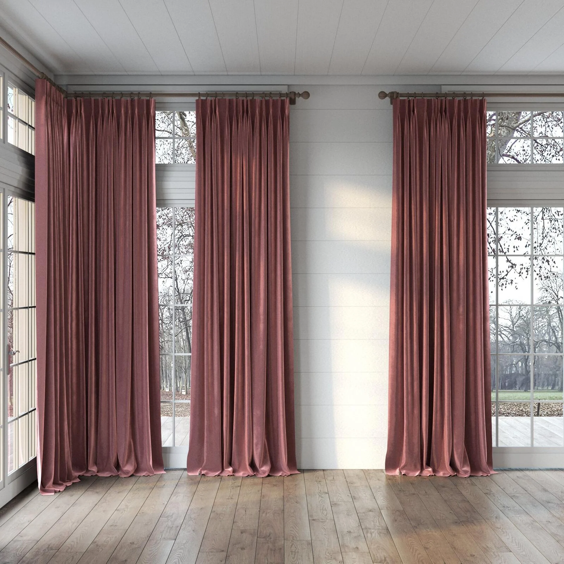 Full view of Velvelux Ruby, puddled, on curtain rod