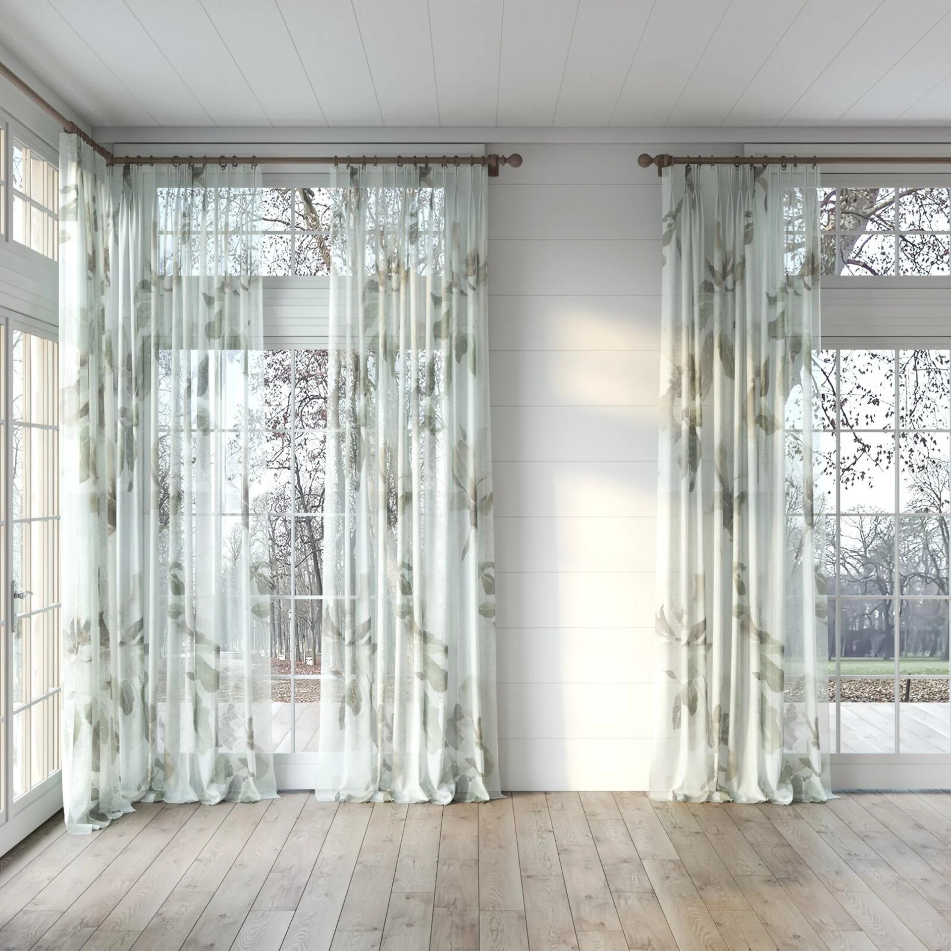 Full view of Magnolia Grande Sheer Clove, puddled, on curtain rod