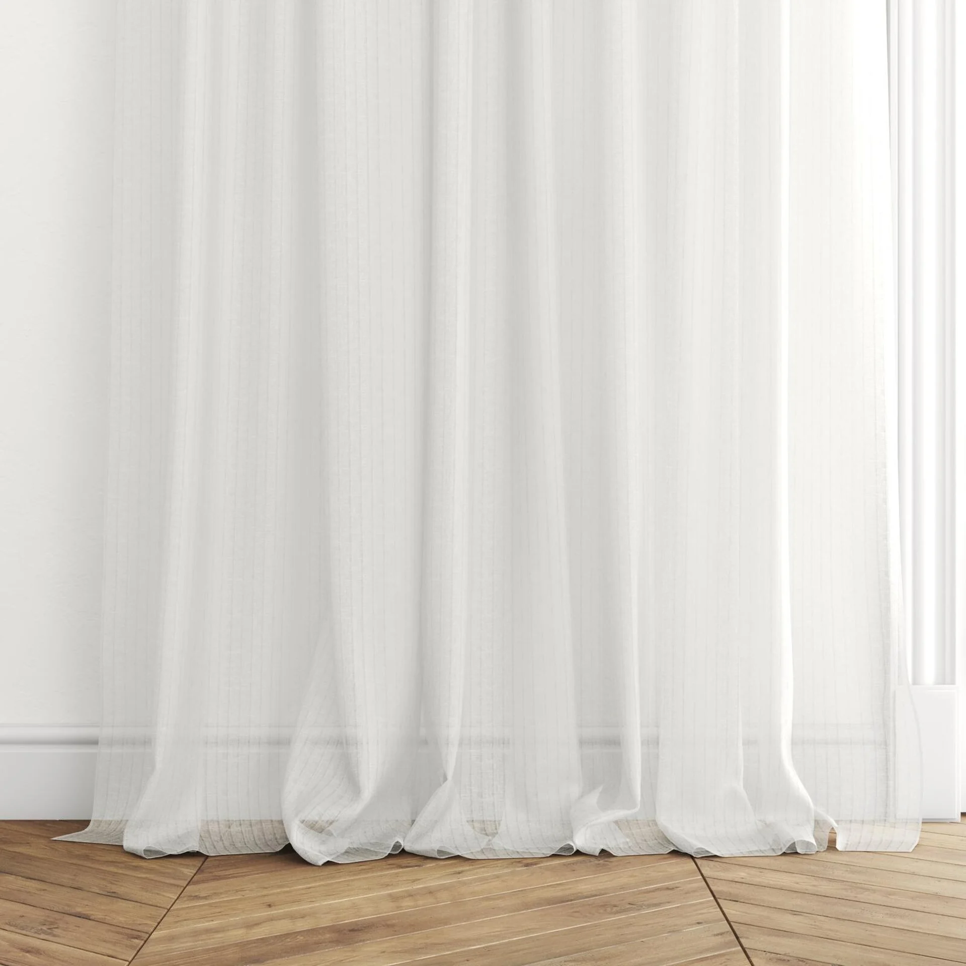 Bottom view of Voltaire Ivory, puddled with pinch pleat, on curtain rod