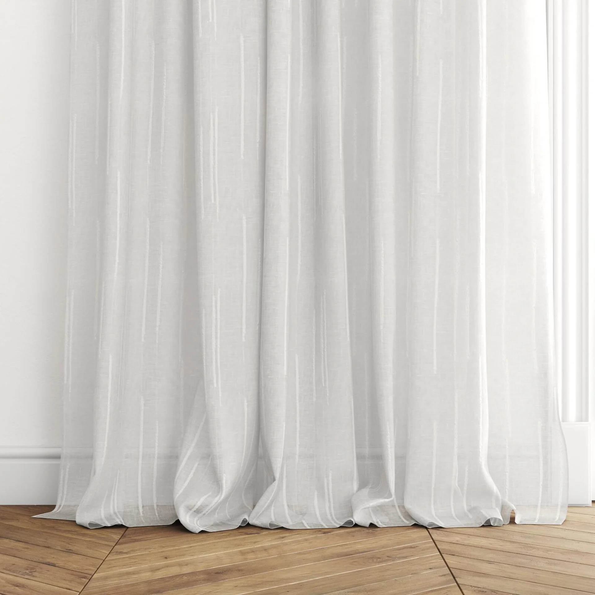Bottom view of Tidal Pearl, puddled with pinch pleat, on curtain rod