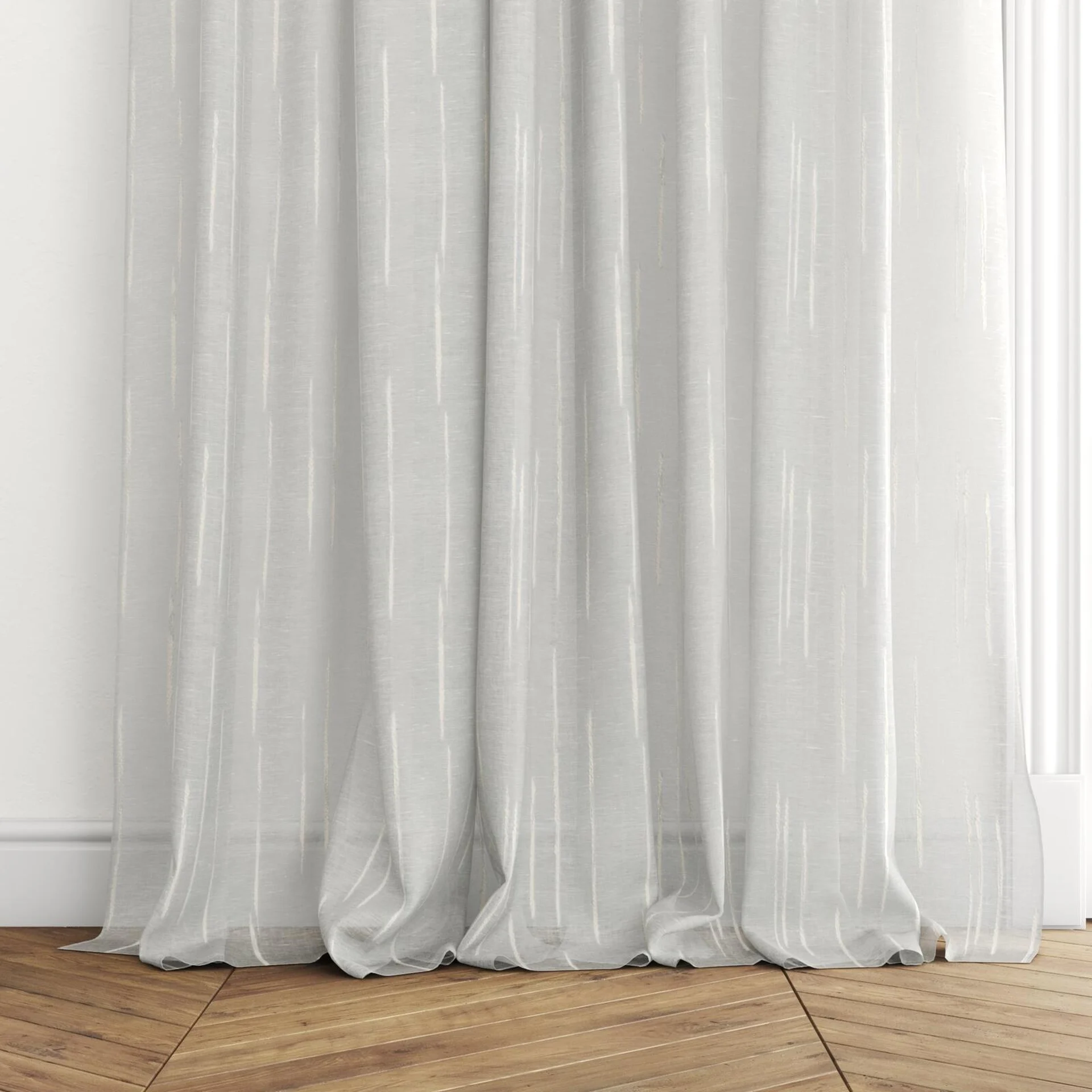 Bottom view of Tidal Dew, puddled with pinch pleat, on curtain rod