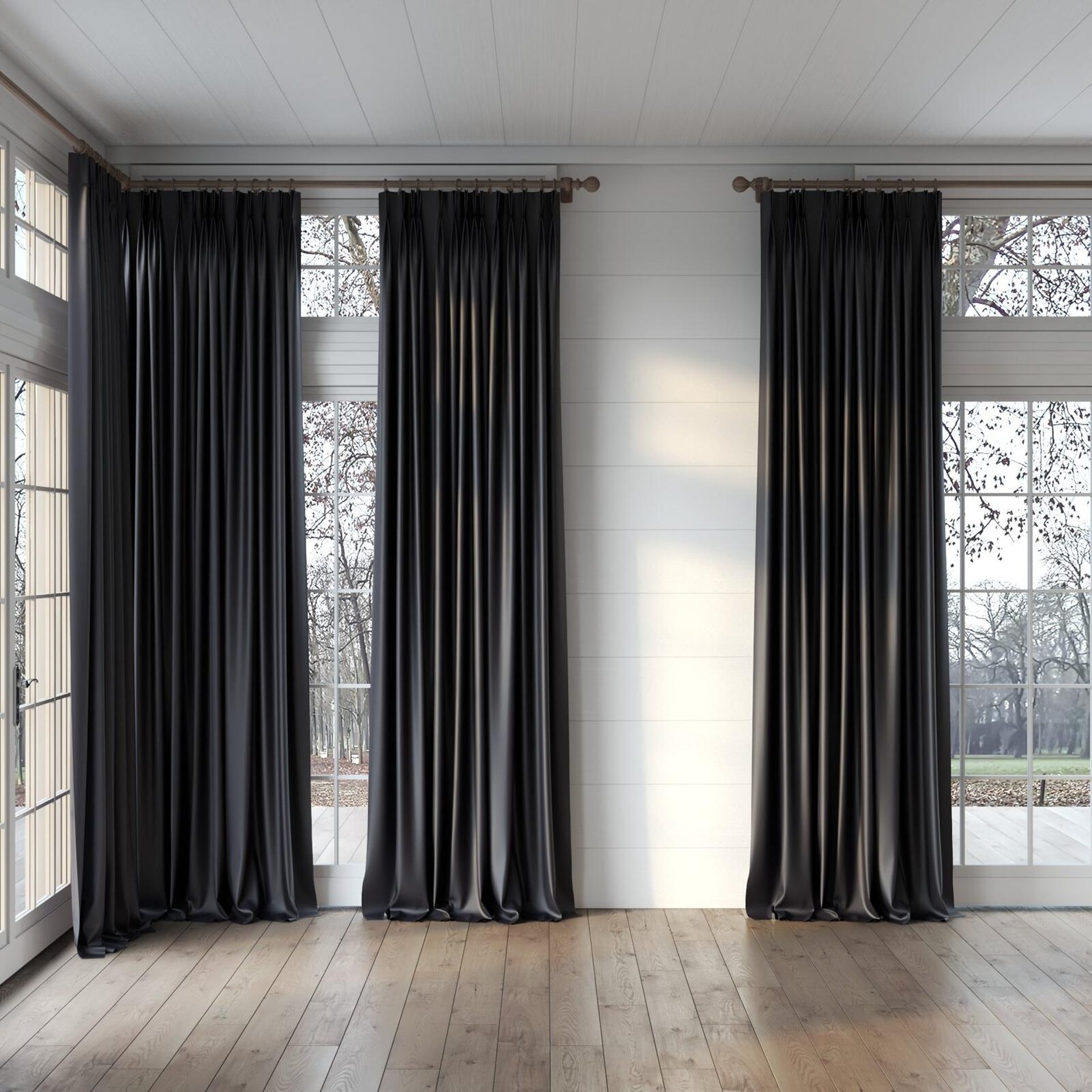 Full view of Moonbeam Midnight, puddled, on curtain rod