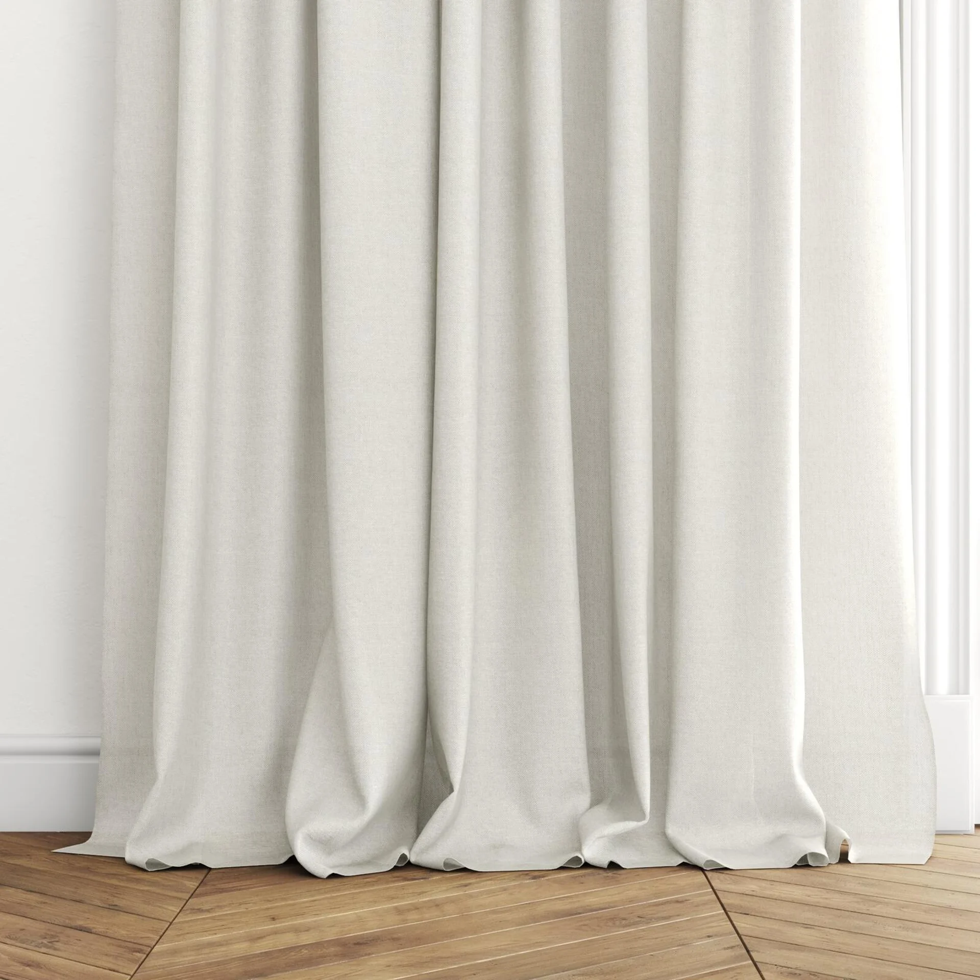 Bottom view of Sensation Sesame, puddled with pinch pleat, on curtain rod