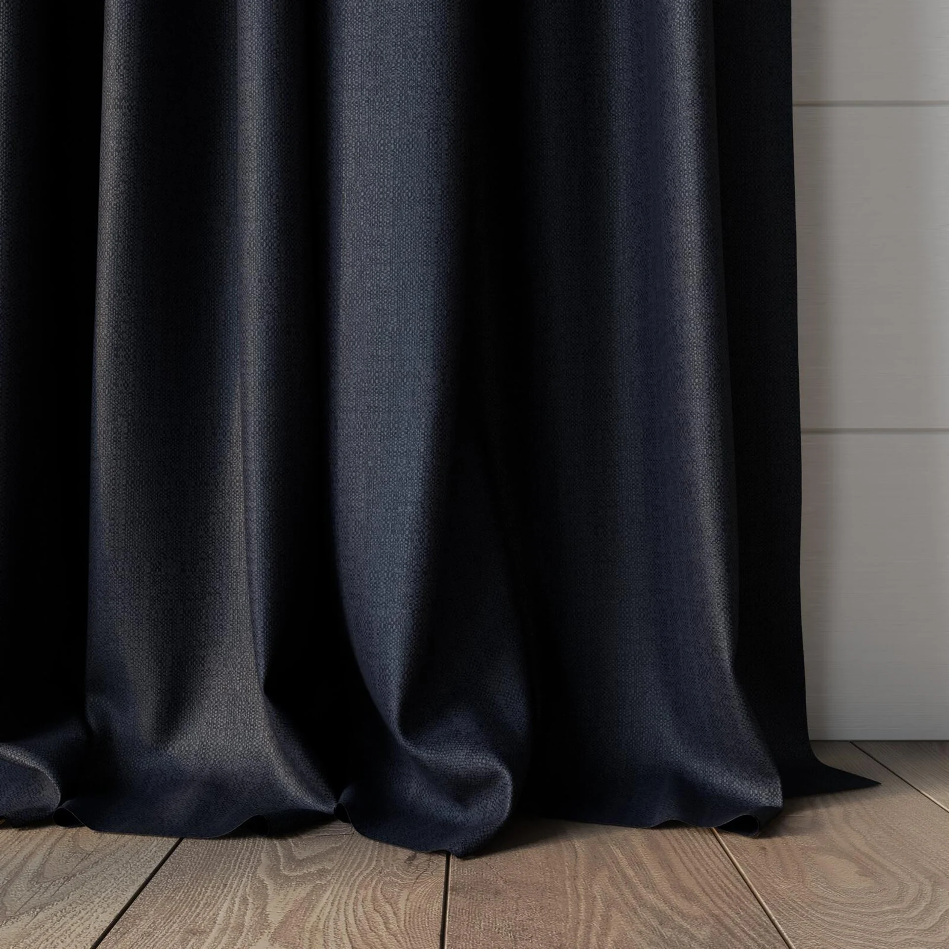 Bottom view of Celestial Ebony, puddled, on curtain rod