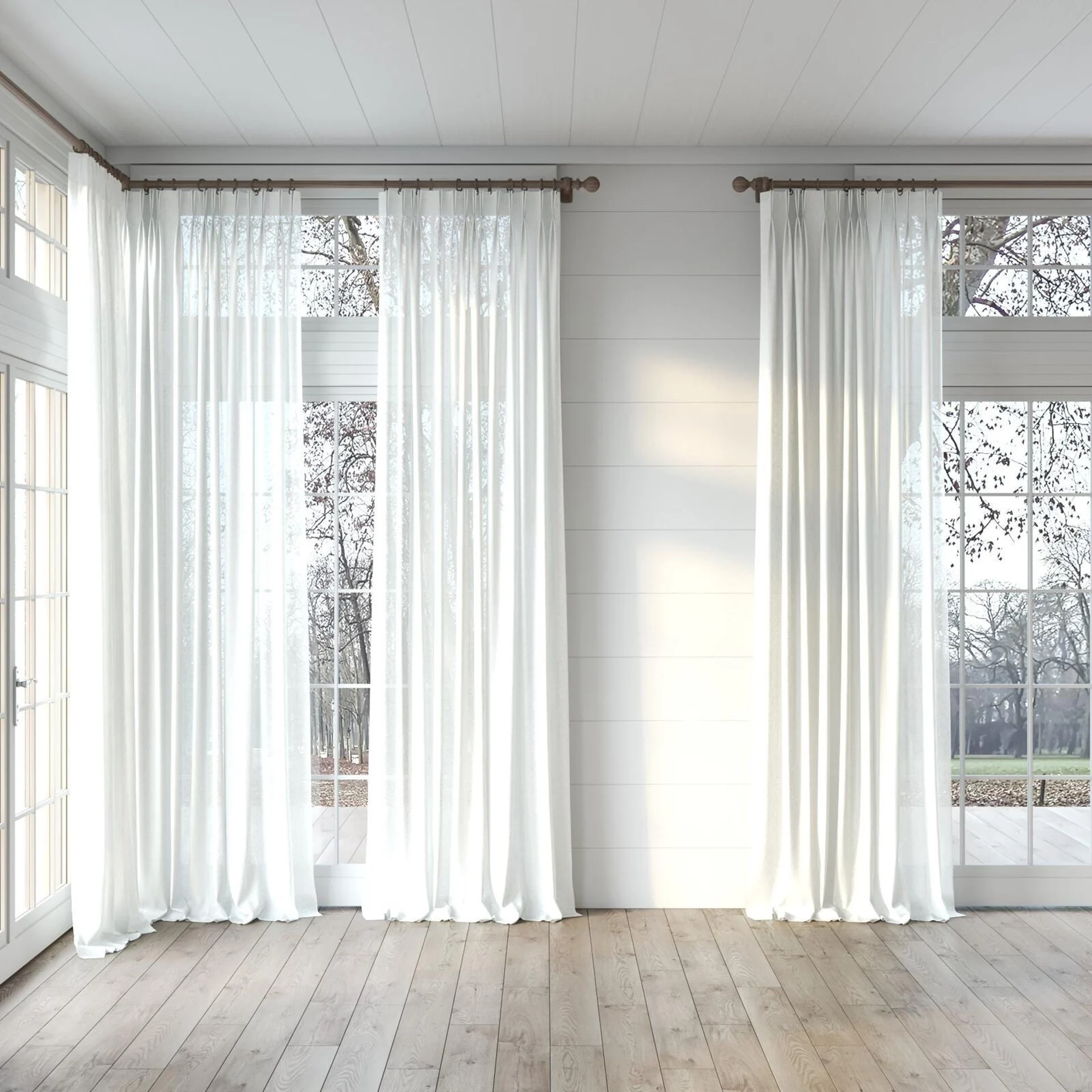 Full view of Shoji Linen, puddled, on curtain rod